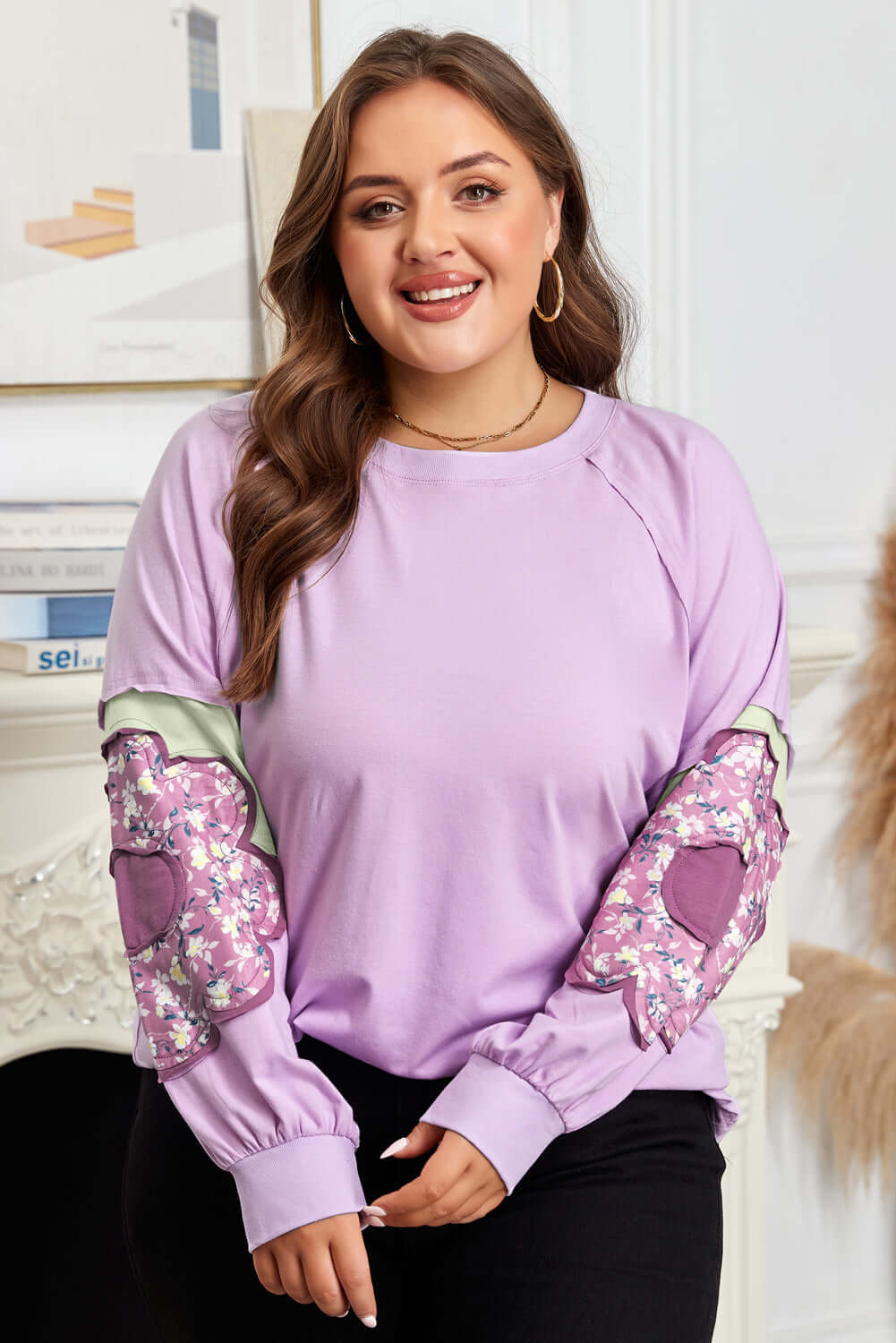 Plus Size Floral Patch Colorblock Long Sleeve Top by Pretty Bash