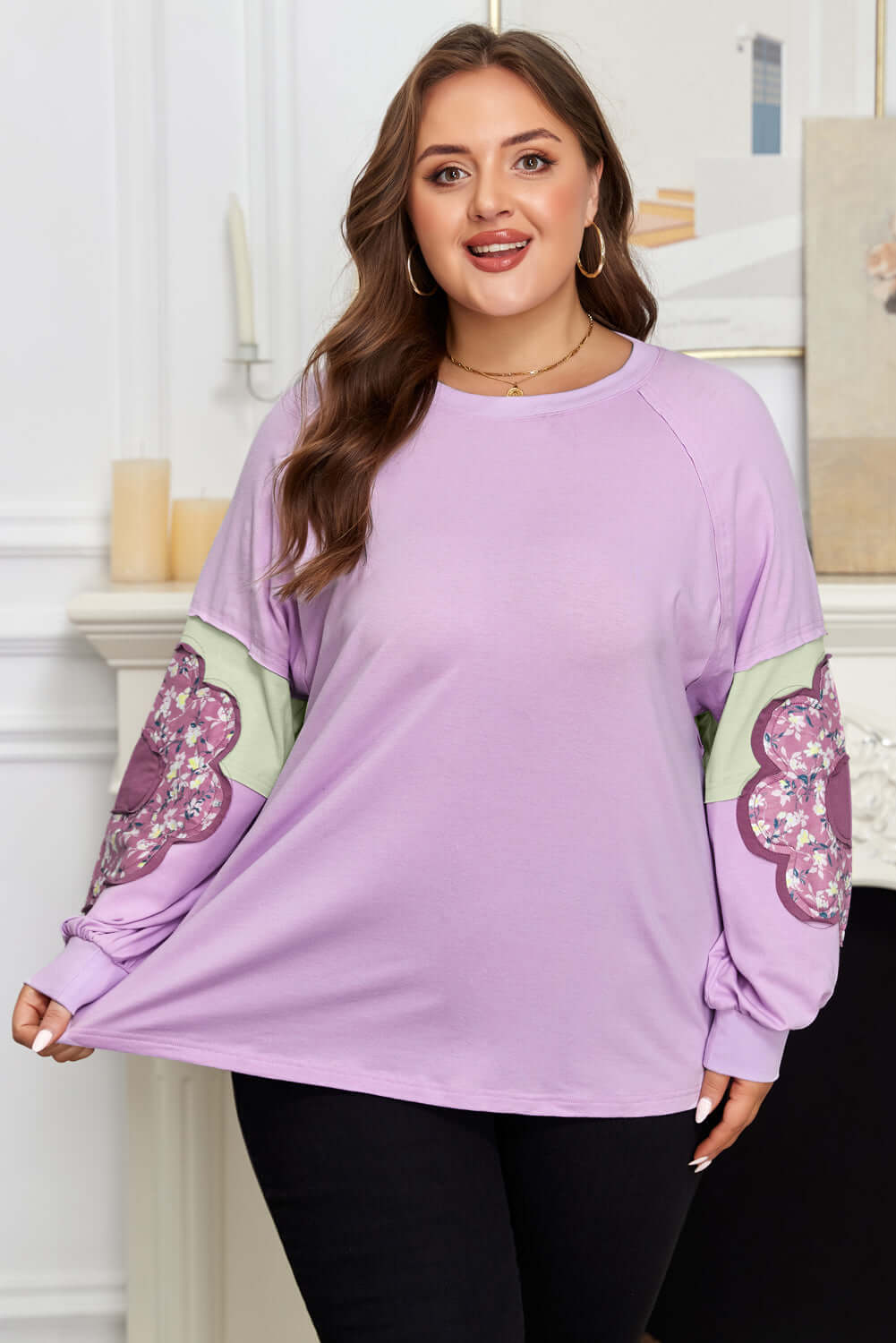 Plus Size Floral Patch Colorblock Long Sleeve Top by Pretty Bash