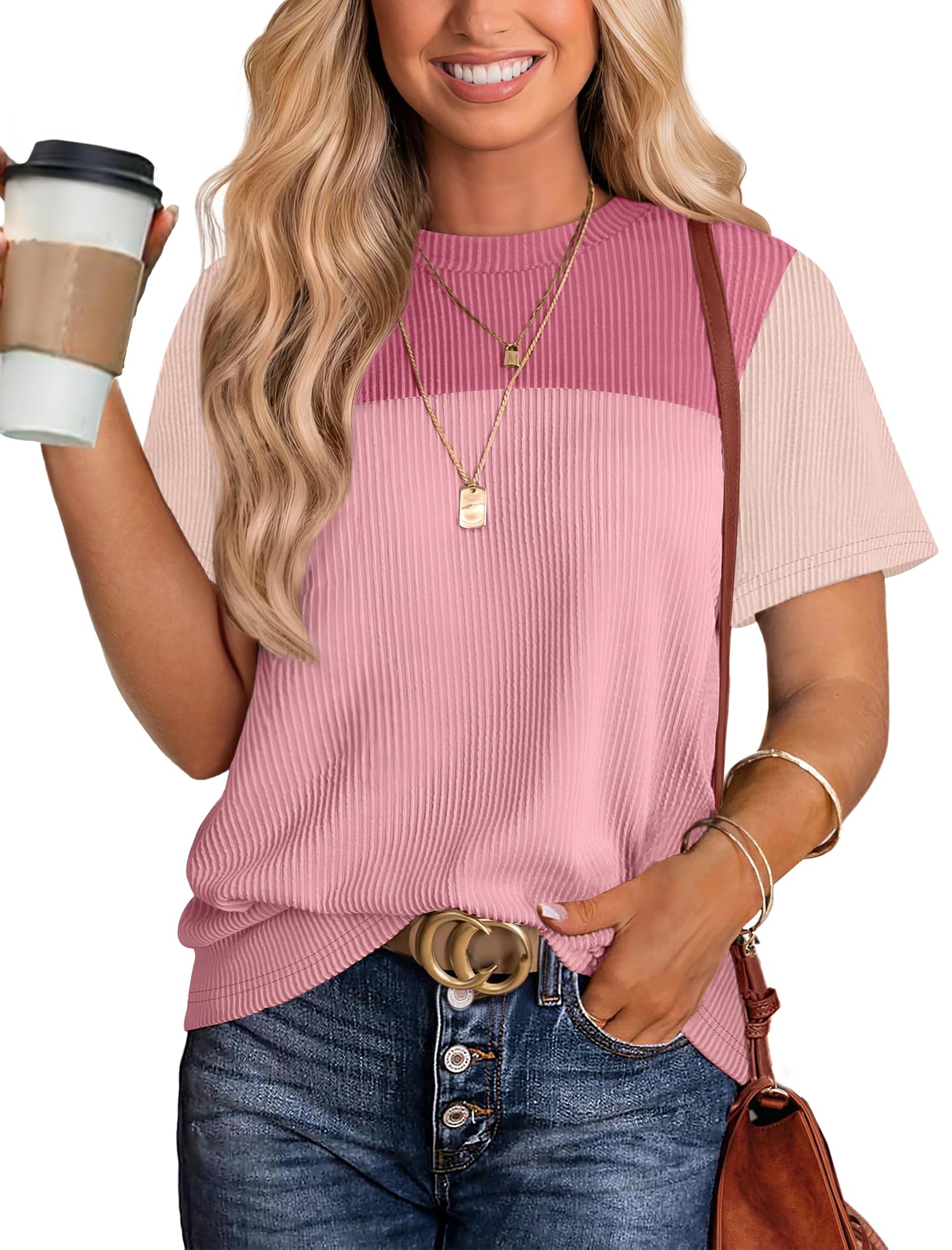 Women's Color Block Knit Shirt Short Sleeve Crewneck Top by Lady Ros