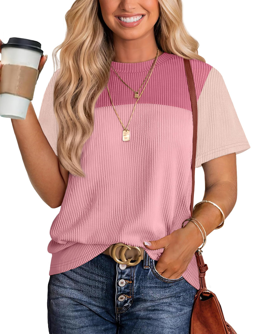 Women's Color Block Knit Shirt Short Sleeve Crewneck Top by Lady Ros