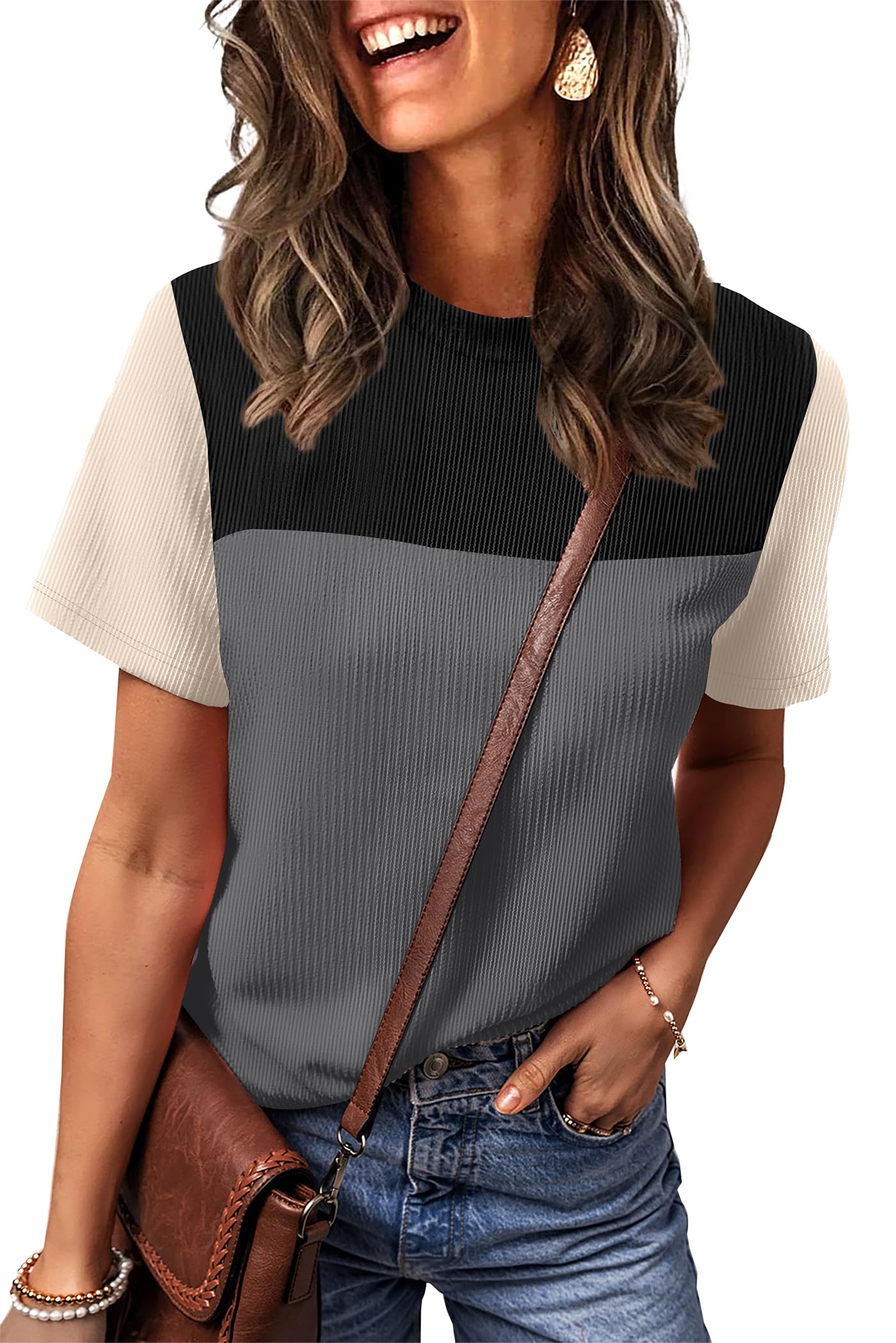 Women's Color Block Knit Shirt Short Sleeve Crewneck Top by Lady Ros