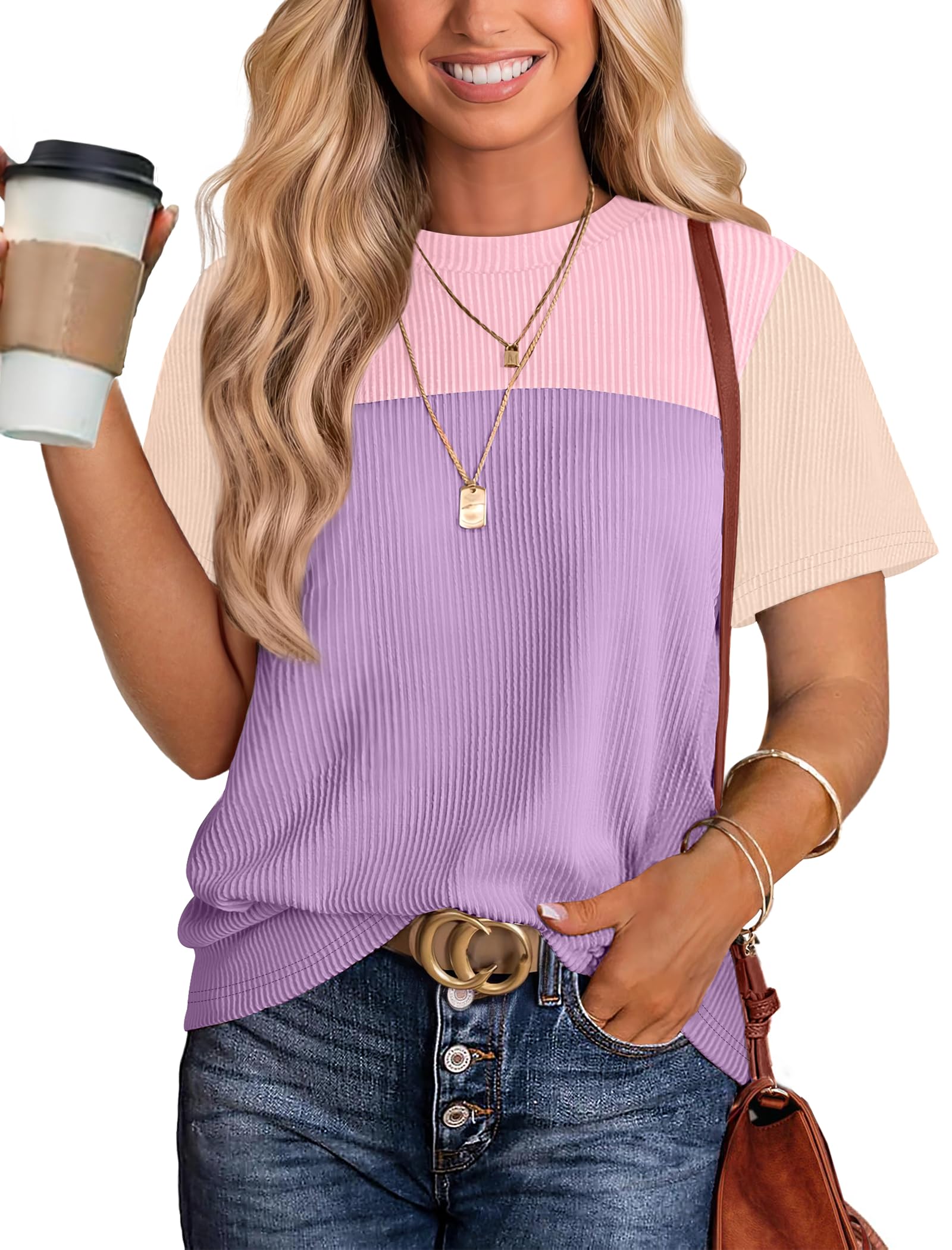 Women's Color Block Knit Shirt Short Sleeve Crewneck Top by Lady Ros