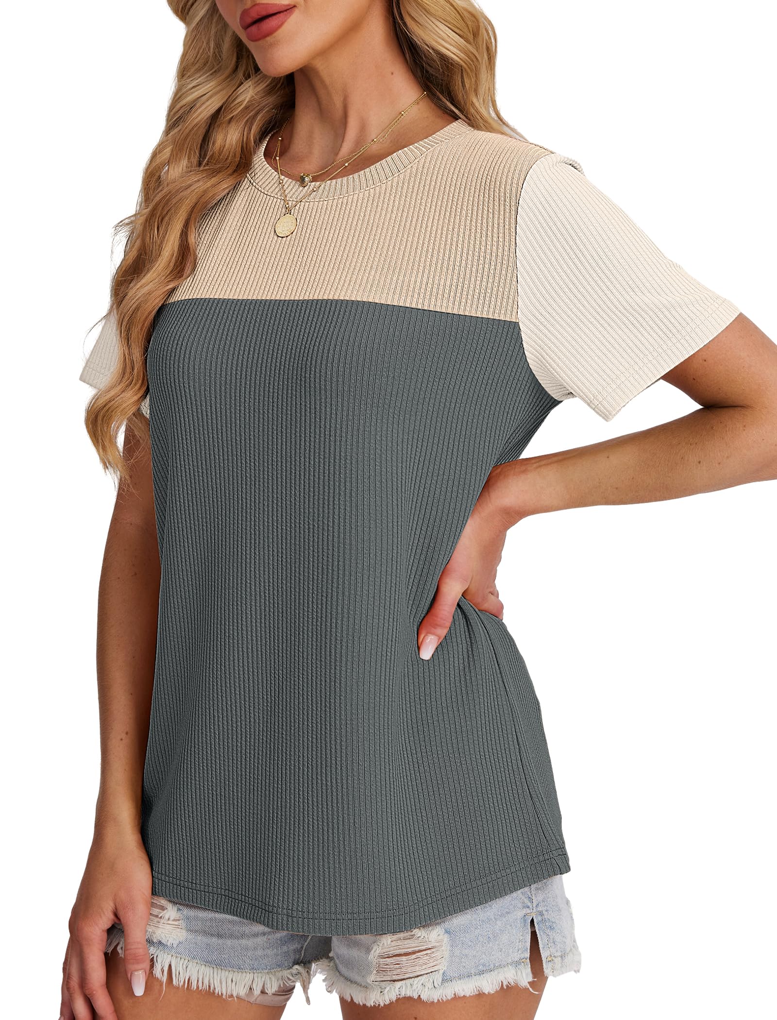 Women's Color Block Knit Shirt Short Sleeve Crewneck Top by Lady Ros