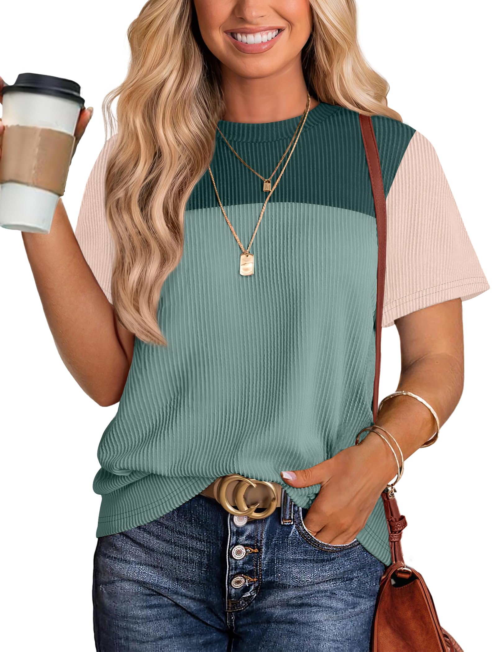 Women's Color Block Knit Shirt Short Sleeve Crewneck Top by Lady Ros