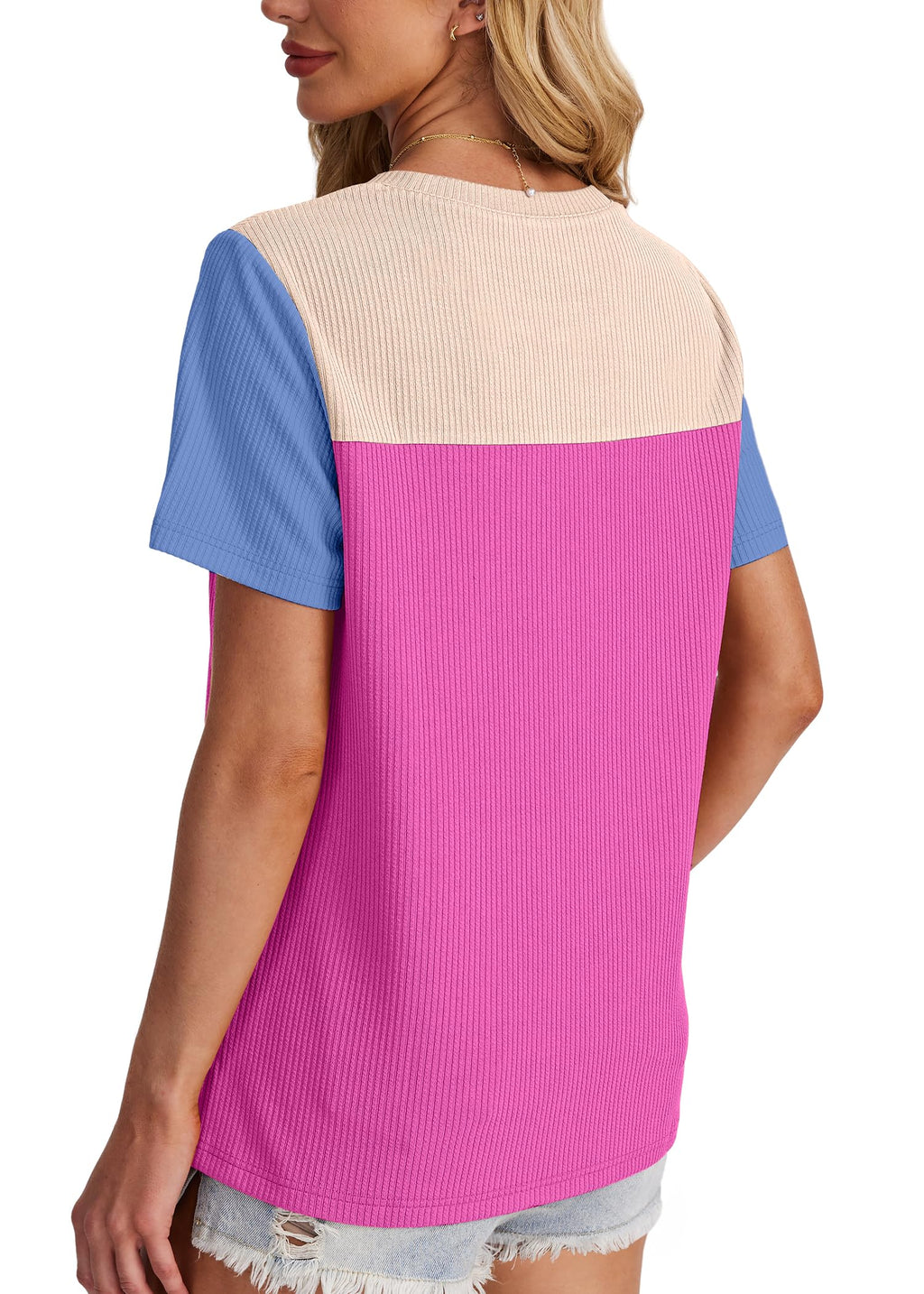 Women's Color Block Knit Shirt Short Sleeve Crewneck Top by Lady Ros