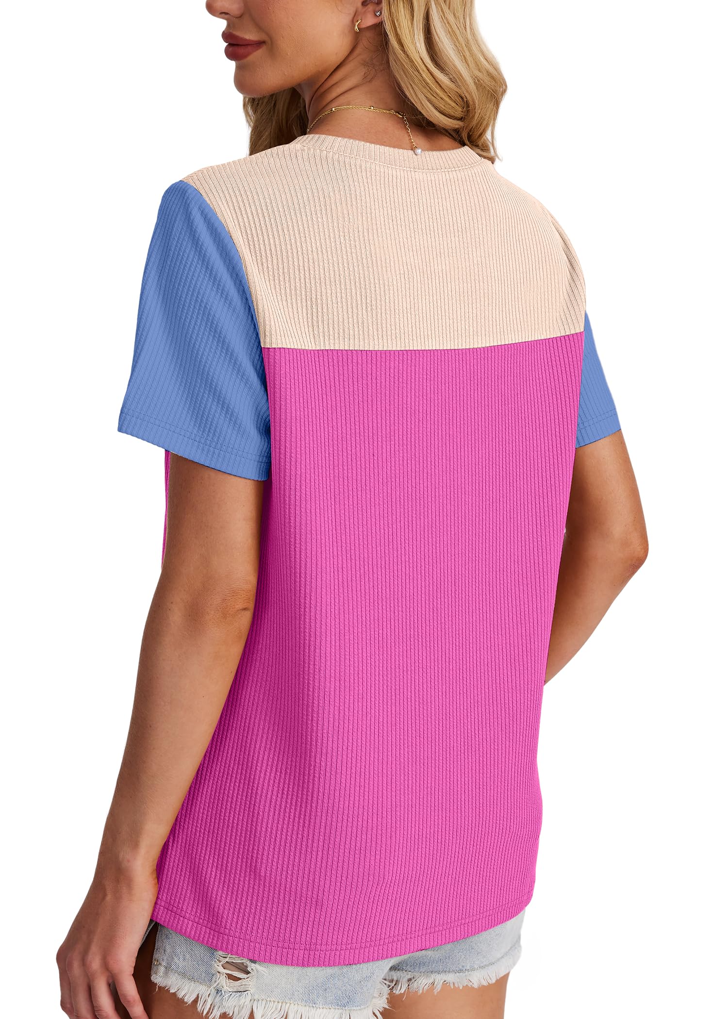 Women's Color Block Knit Shirt Short Sleeve Crewneck Top by Lady Ros