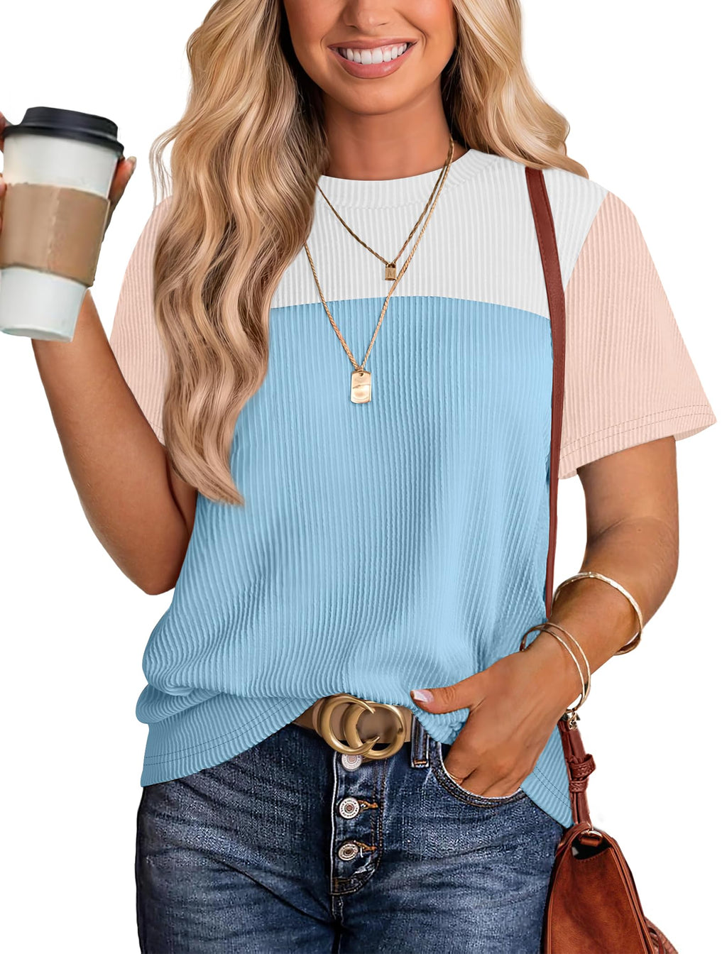 Women's Color Block Knit Shirt Short Sleeve Crewneck Top by Lady Ros