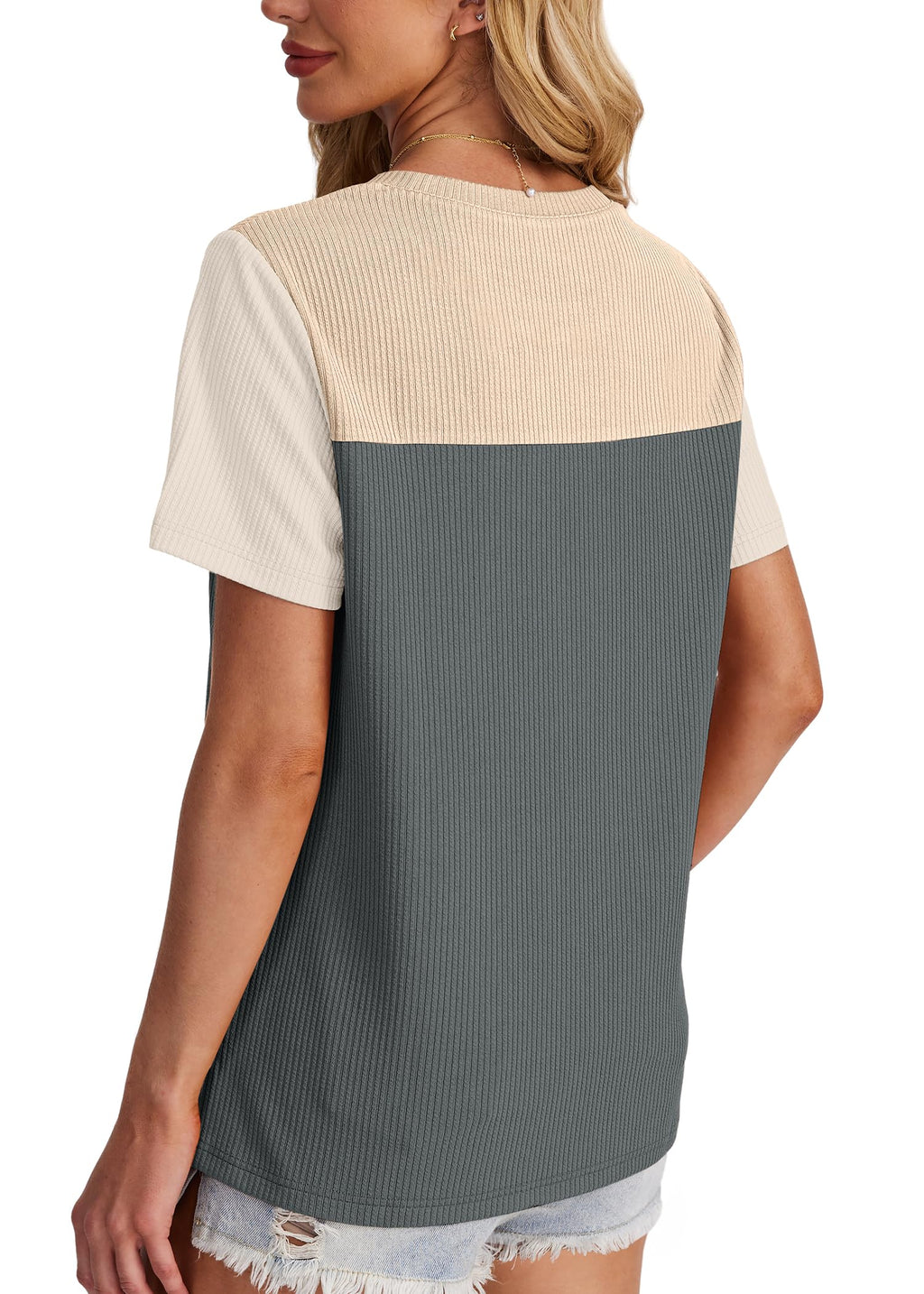Women's Color Block Knit Shirt Short Sleeve Crewneck Top by Lady Ros
