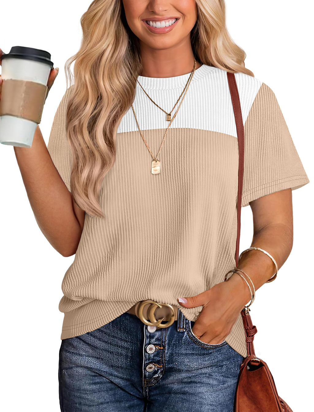 Women's Color Block Knit Shirt Short Sleeve Crewneck Top by Lady Ros
