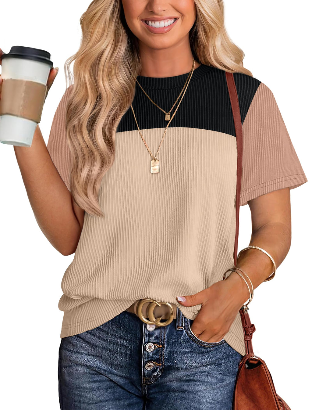 Women's Color Block Knit Shirt Short Sleeve Crewneck Top by Lady Ros