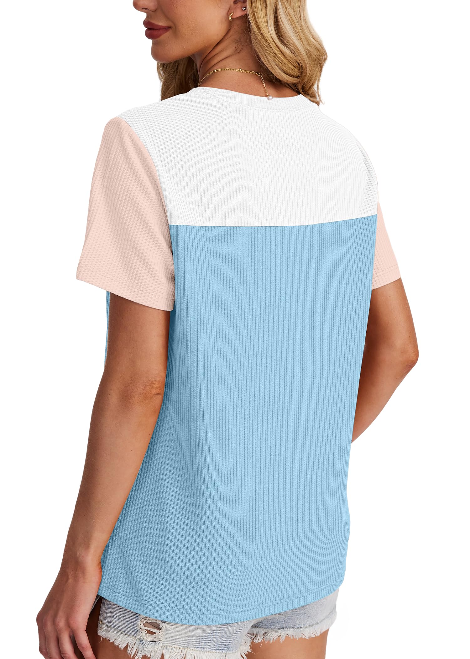 Women's Color Block Knit Shirt Short Sleeve Crewneck Top by Lady Ros