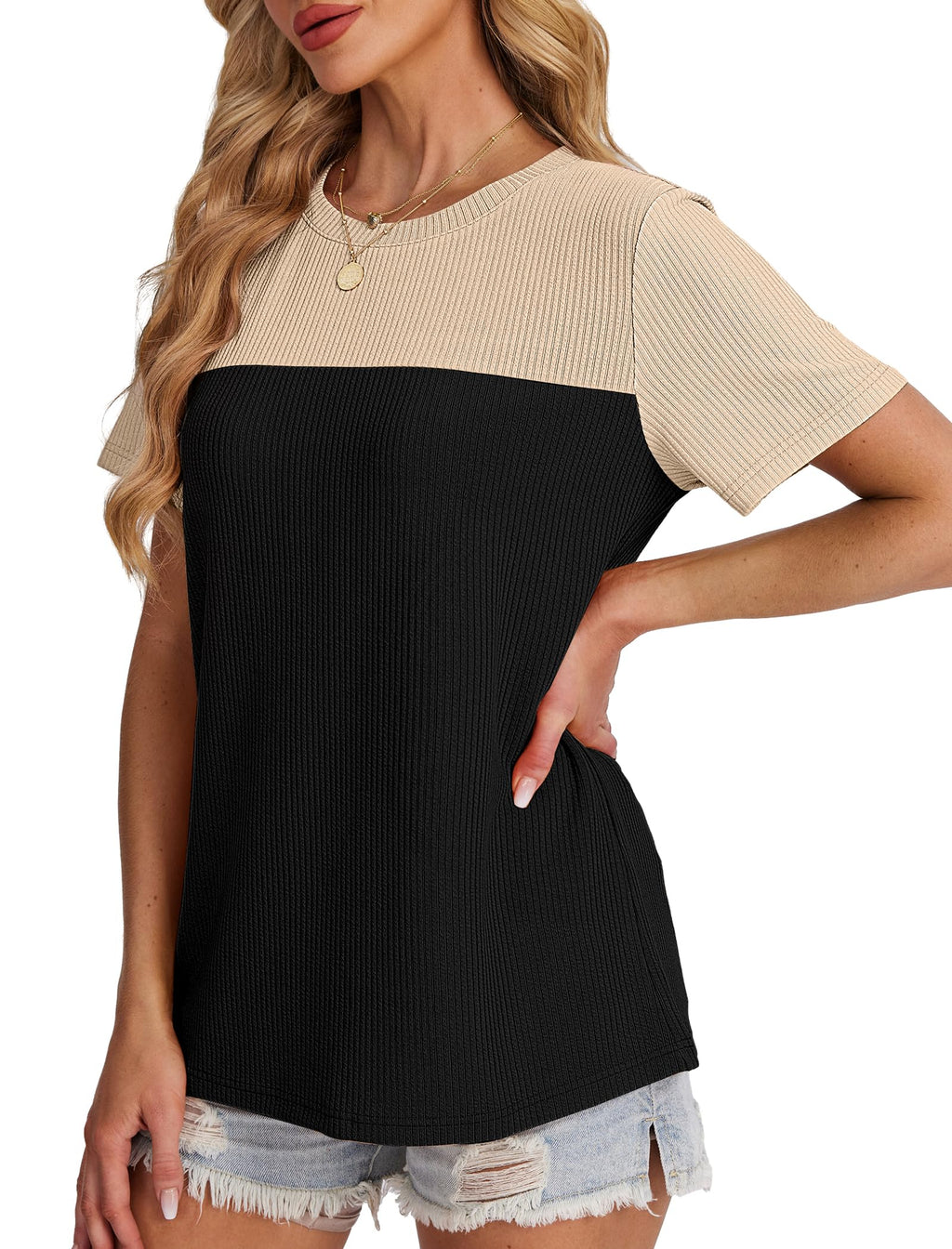 Women's Color Block Knit Shirt Short Sleeve Crewneck Top by Lady Ros