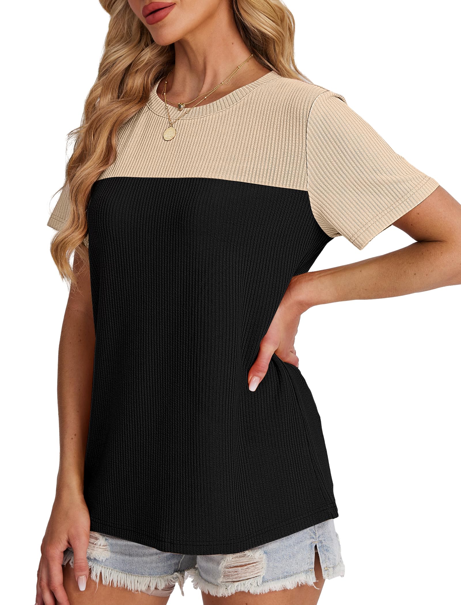 Women's Color Block Knit Shirt Short Sleeve Crewneck Top by Lady Ros