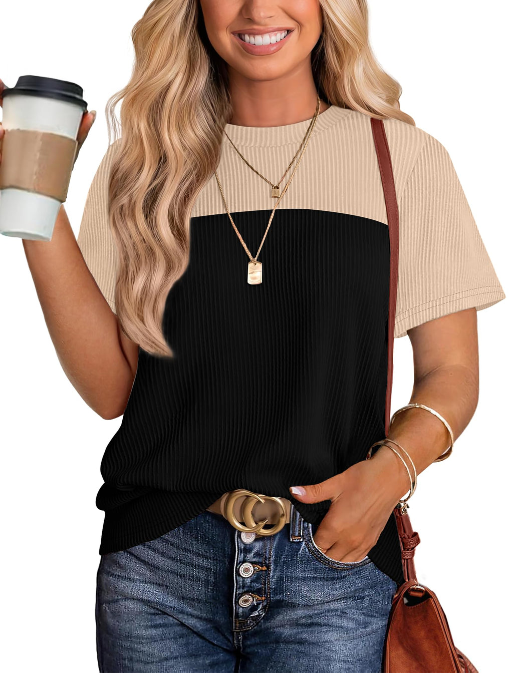 Women's Color Block Knit Shirt Short Sleeve Crewneck Top by Lady Ros