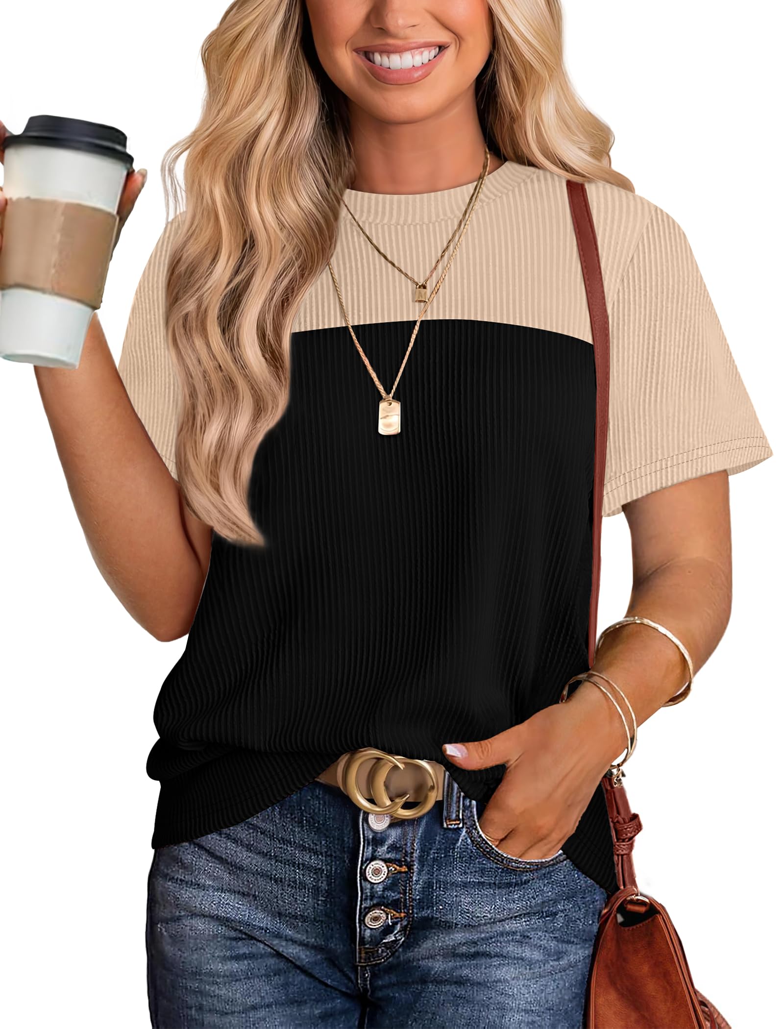 Women's Color Block Knit Shirt Short Sleeve Crewneck Top by Lady Ros