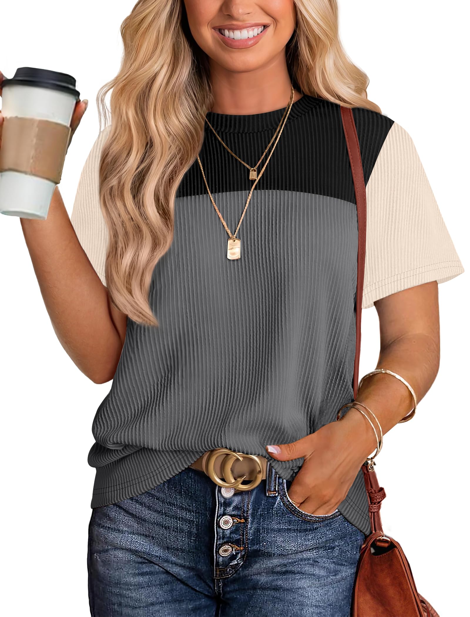 Women's Color Block Knit Shirt Short Sleeve Crewneck Top by Lady Ros