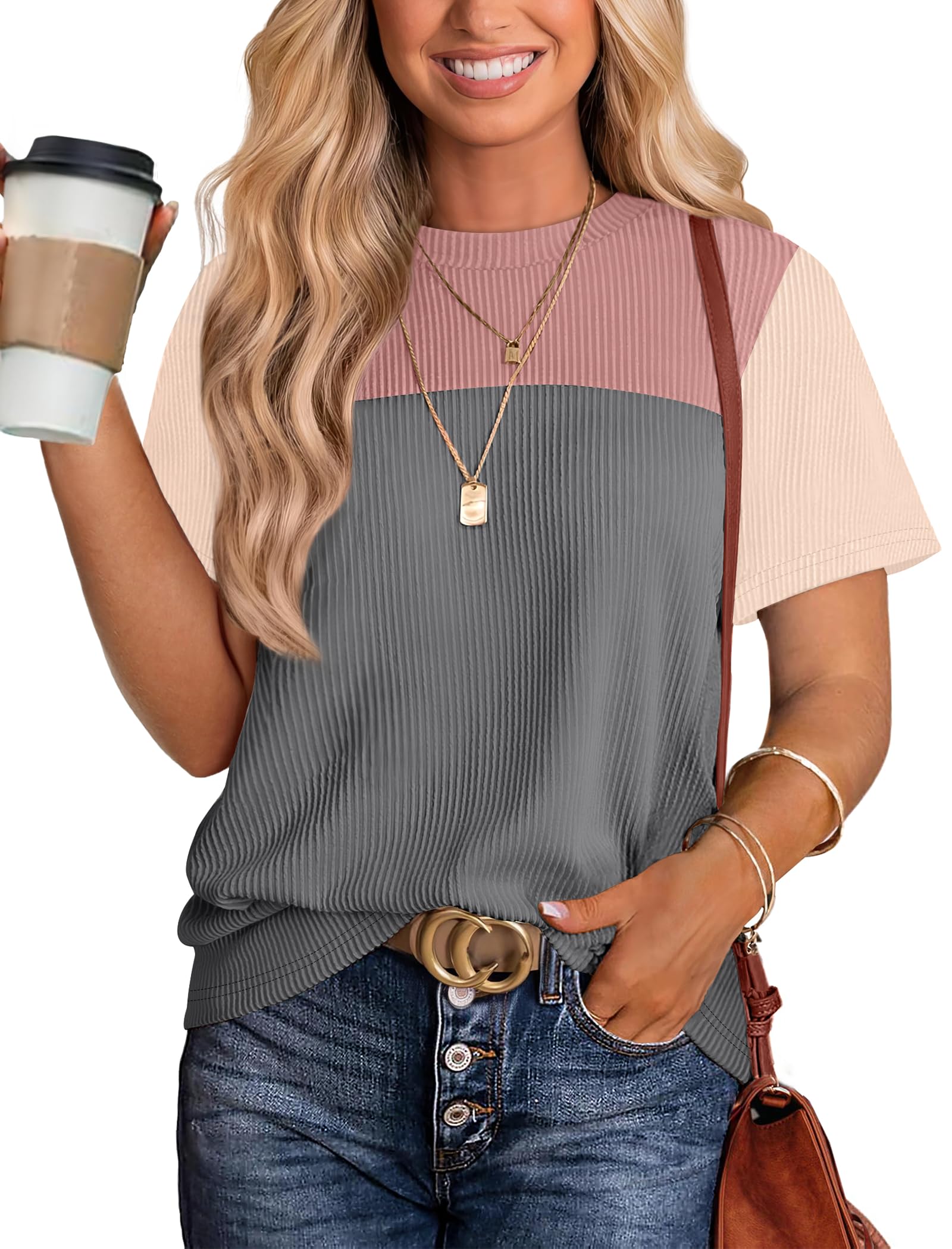 Women's Color Block Knit Shirt Short Sleeve Crewneck Top by Lady Ros