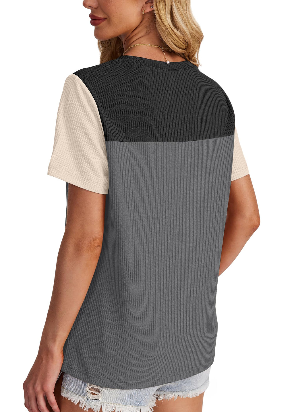 Women's Color Block Knit Shirt Short Sleeve Crewneck Top by Lady Ros