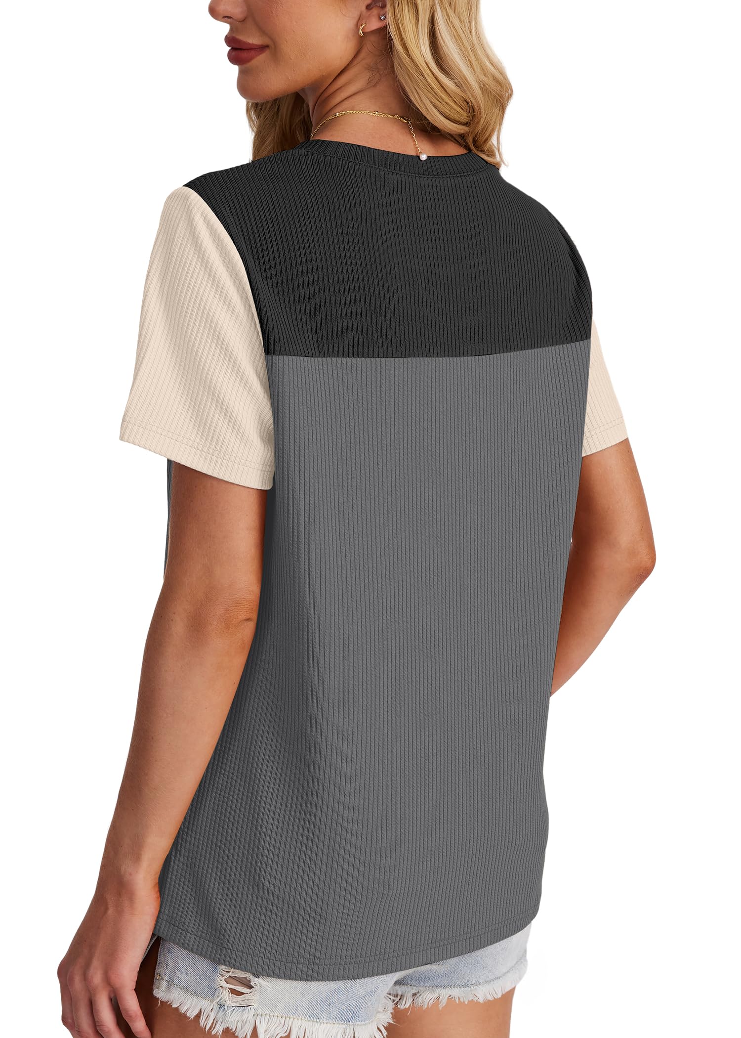Women's Color Block Knit Shirt Short Sleeve Crewneck Top by Lady Ros