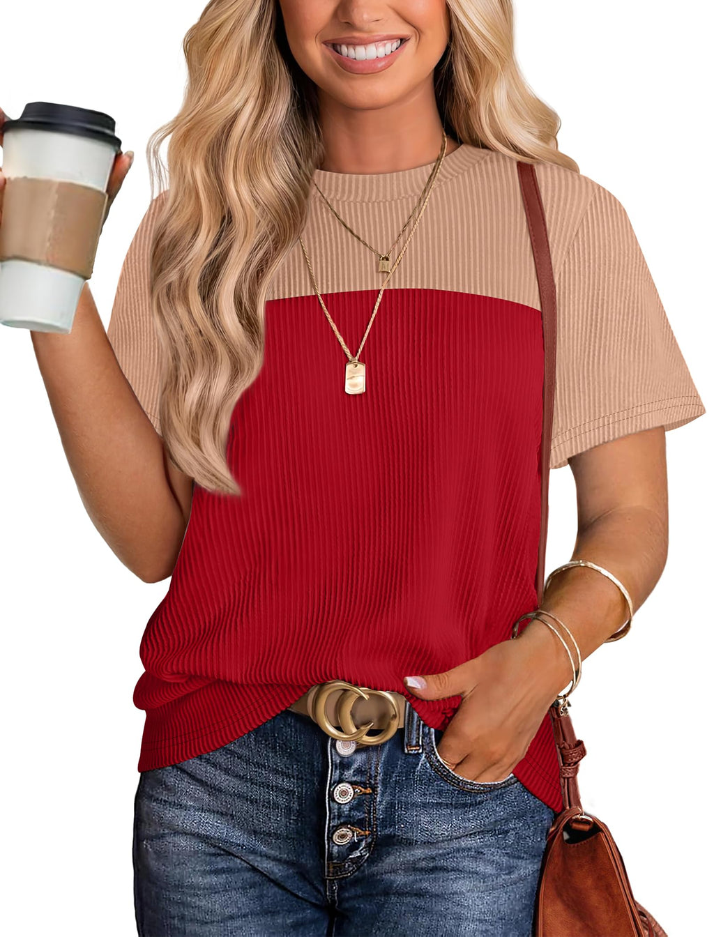 Women's Color Block Knit Shirt Short Sleeve Crewneck Top by Lady Ros