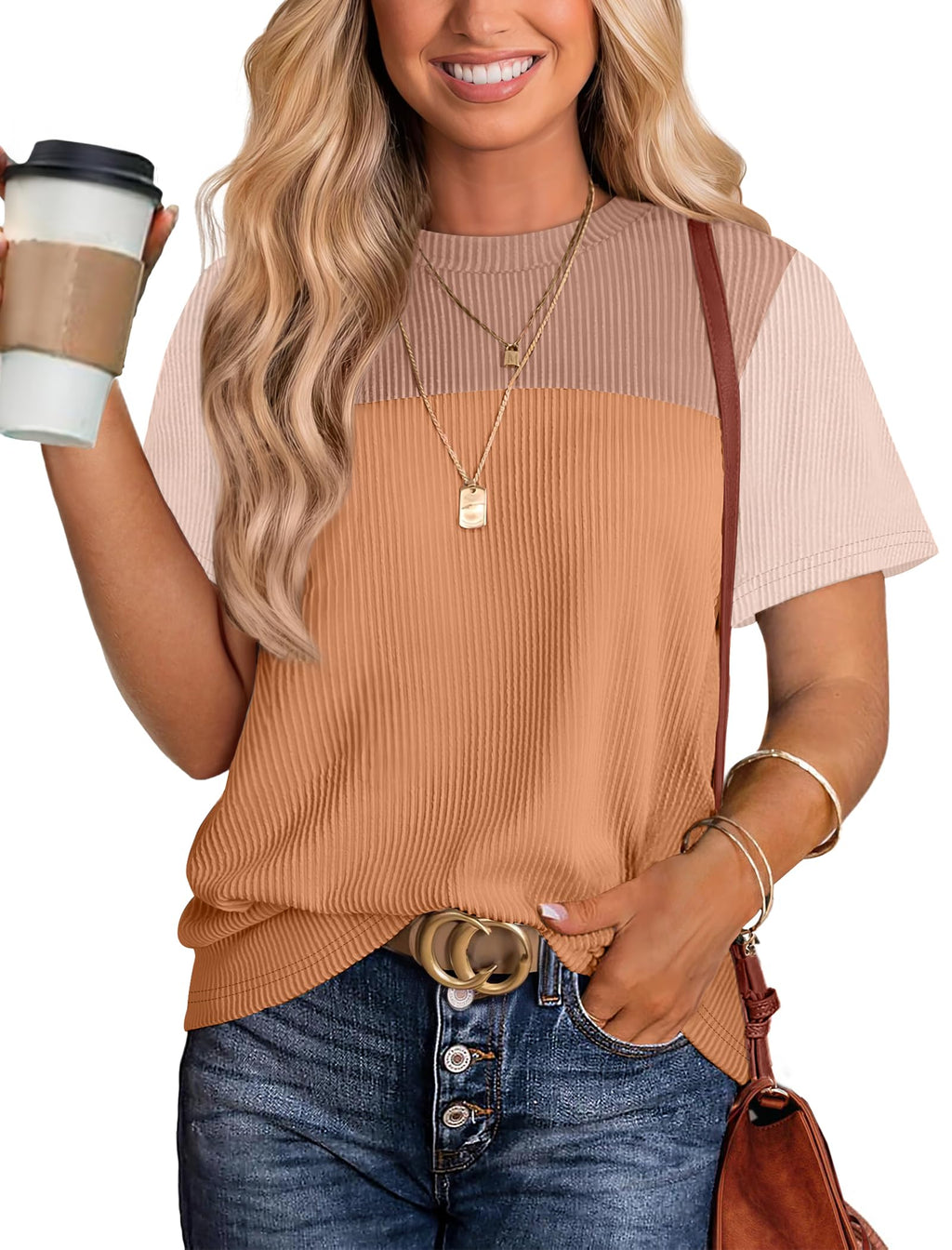 Women's Color Block Knit Shirt Short Sleeve Crewneck Top by Lady Ros