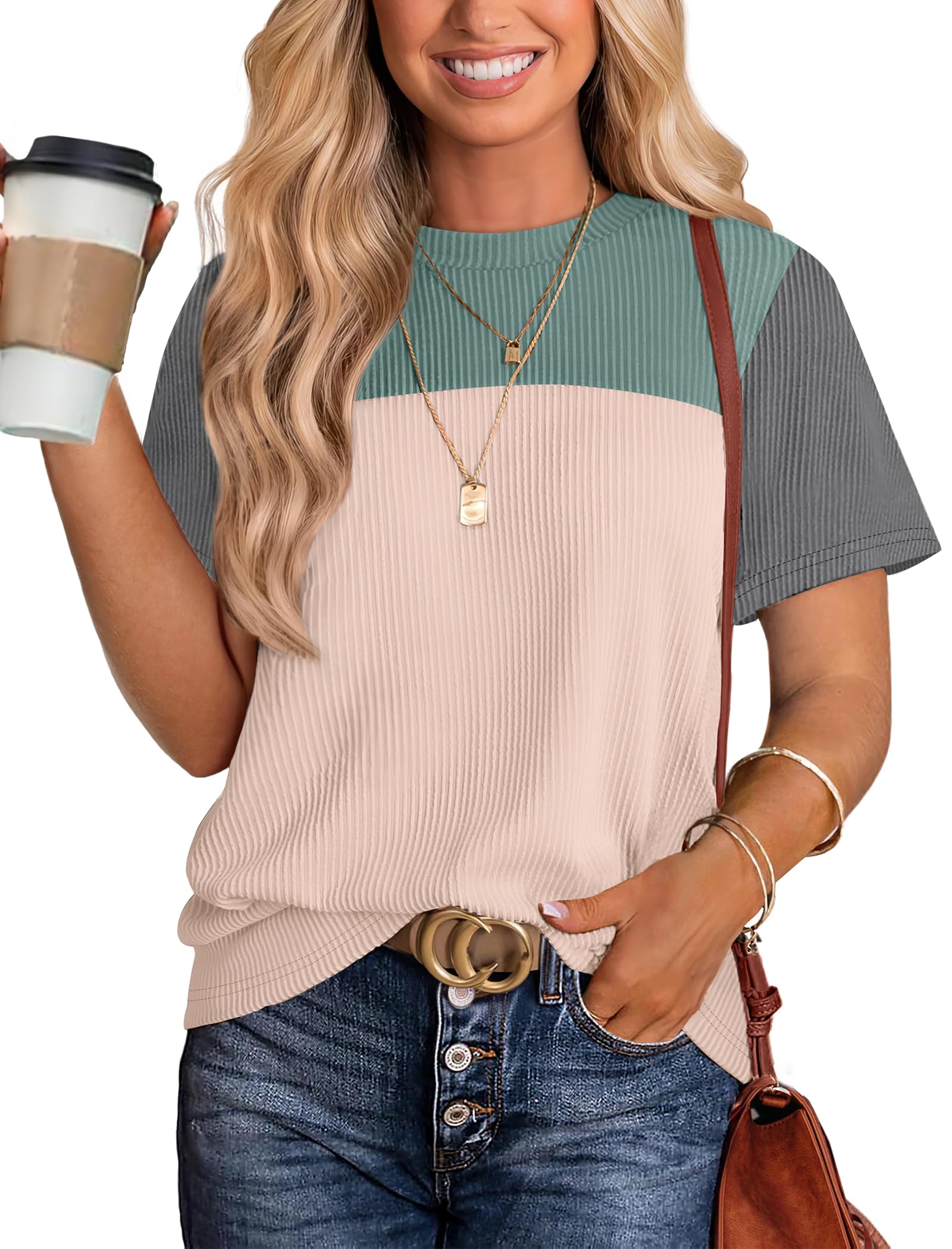 Women's Color Block Knit Shirt Short Sleeve Crewneck Top by Lady Ros