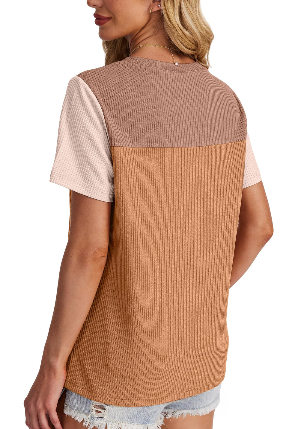 Women's Color Block Knit Shirt Short Sleeve Crewneck Top by Lady Ros