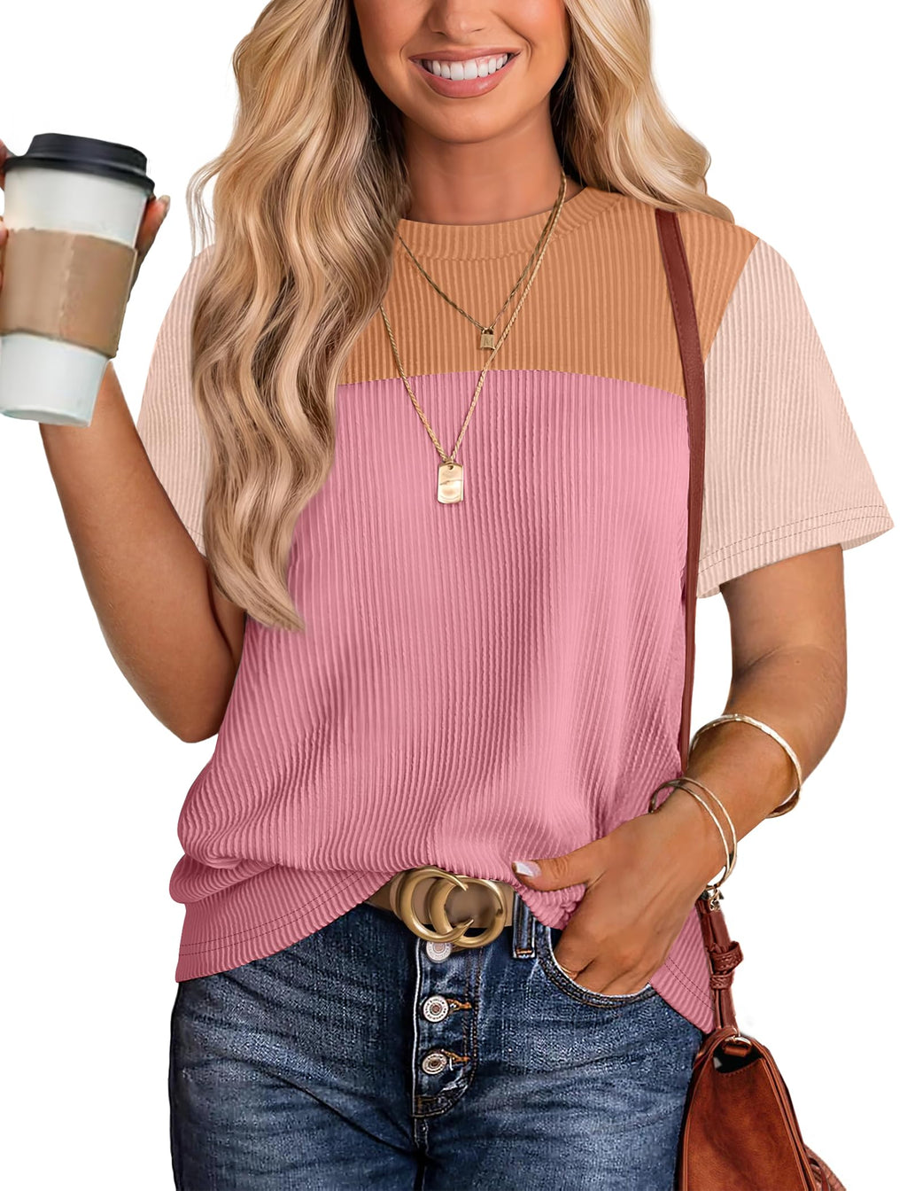 Women's Color Block Knit Shirt Short Sleeve Crewneck Top by Lady Ros