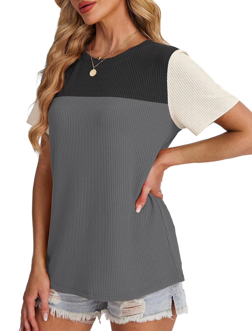 Women's Color Block Knit Shirt Short Sleeve Crewneck Top by Lady Ros