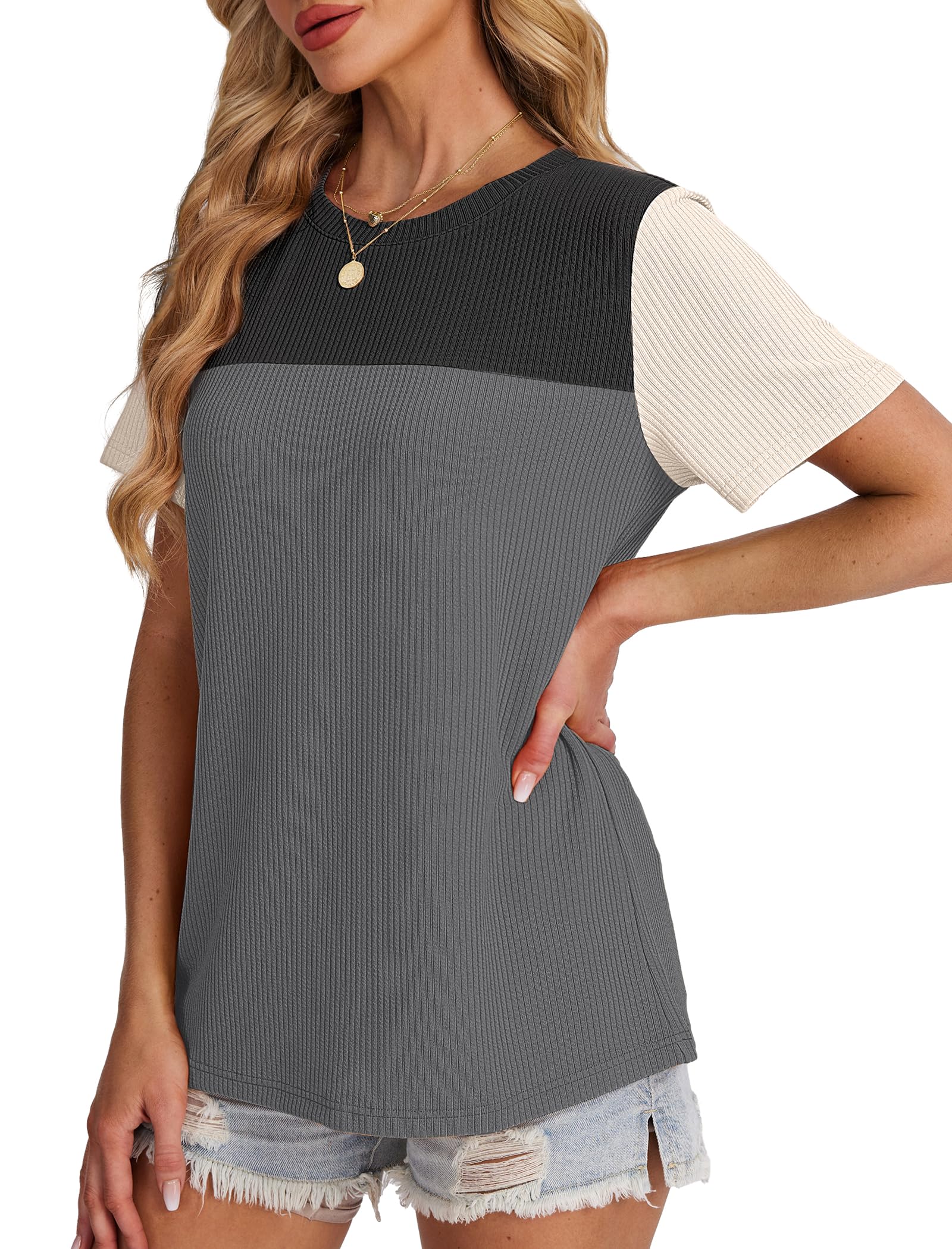 Women's Color Block Knit Shirt Short Sleeve Crewneck Top by Lady Ros