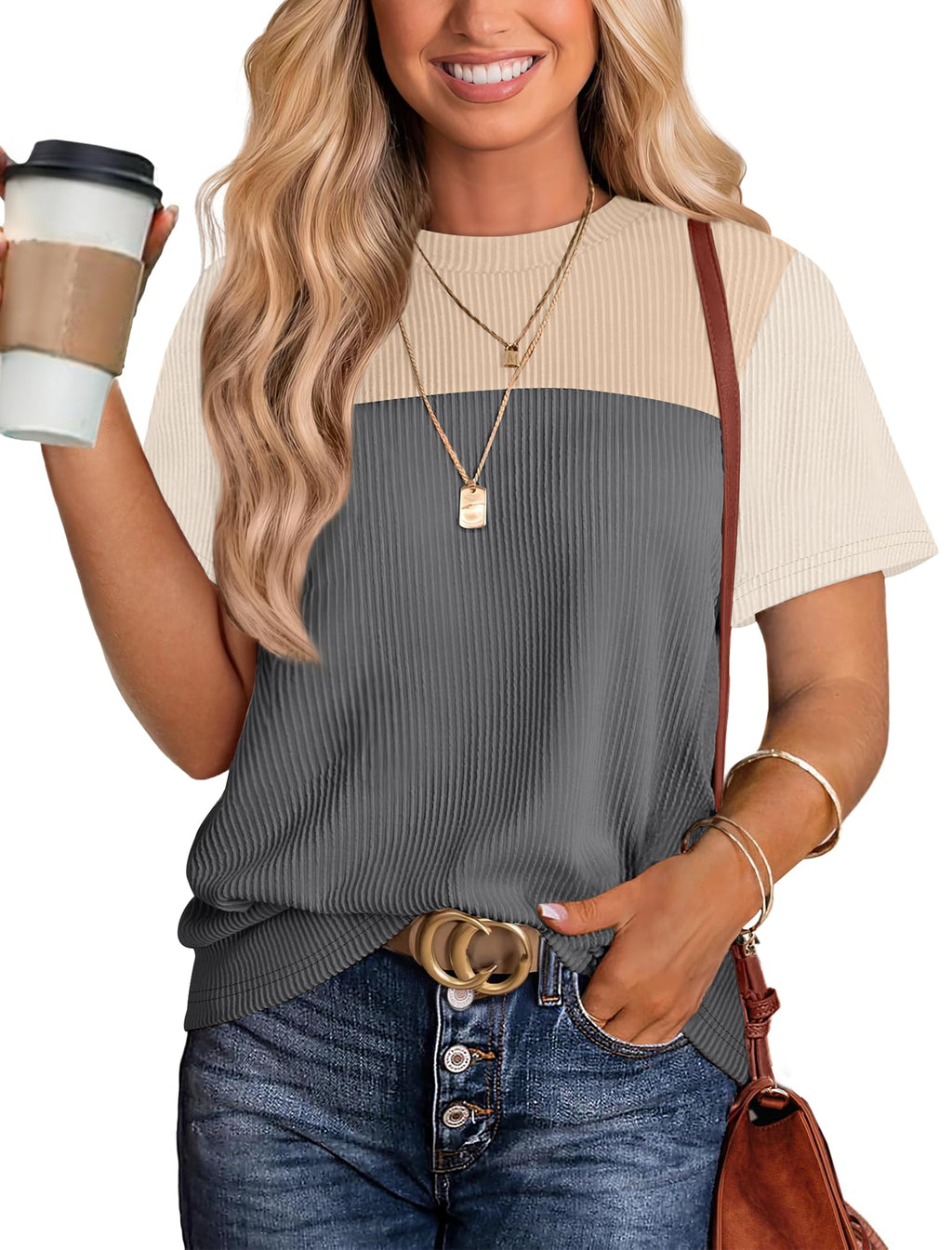 Women's Color Block Knit Shirt Short Sleeve Crewneck Top by Lady Ros