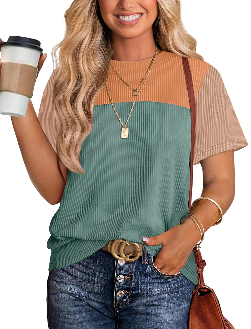 Women's Color Block Knit Shirt Short Sleeve Crewneck Top by Lady Ros