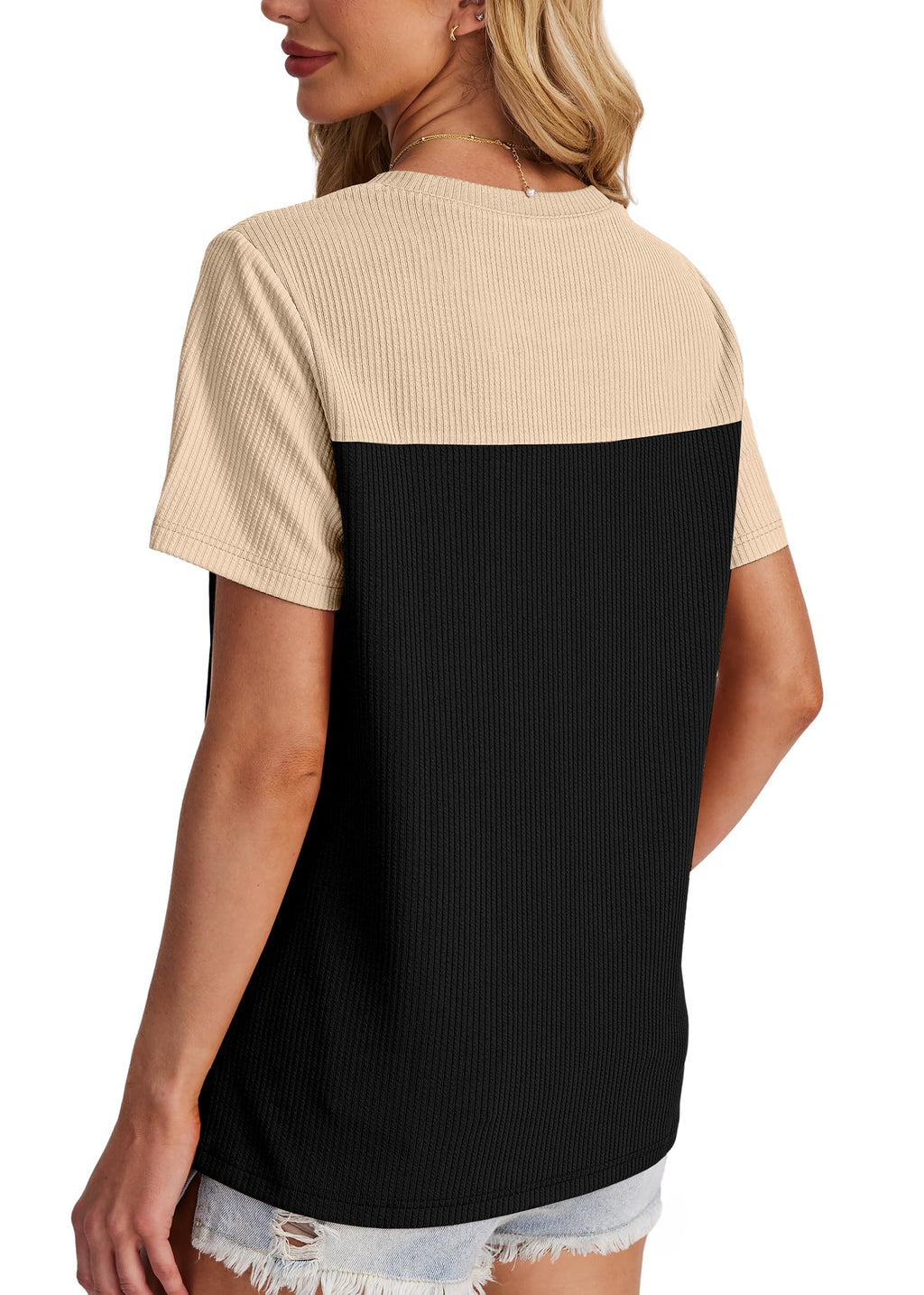 Women's Color Block Knit Shirt Short Sleeve Crewneck Top by Lady Ros