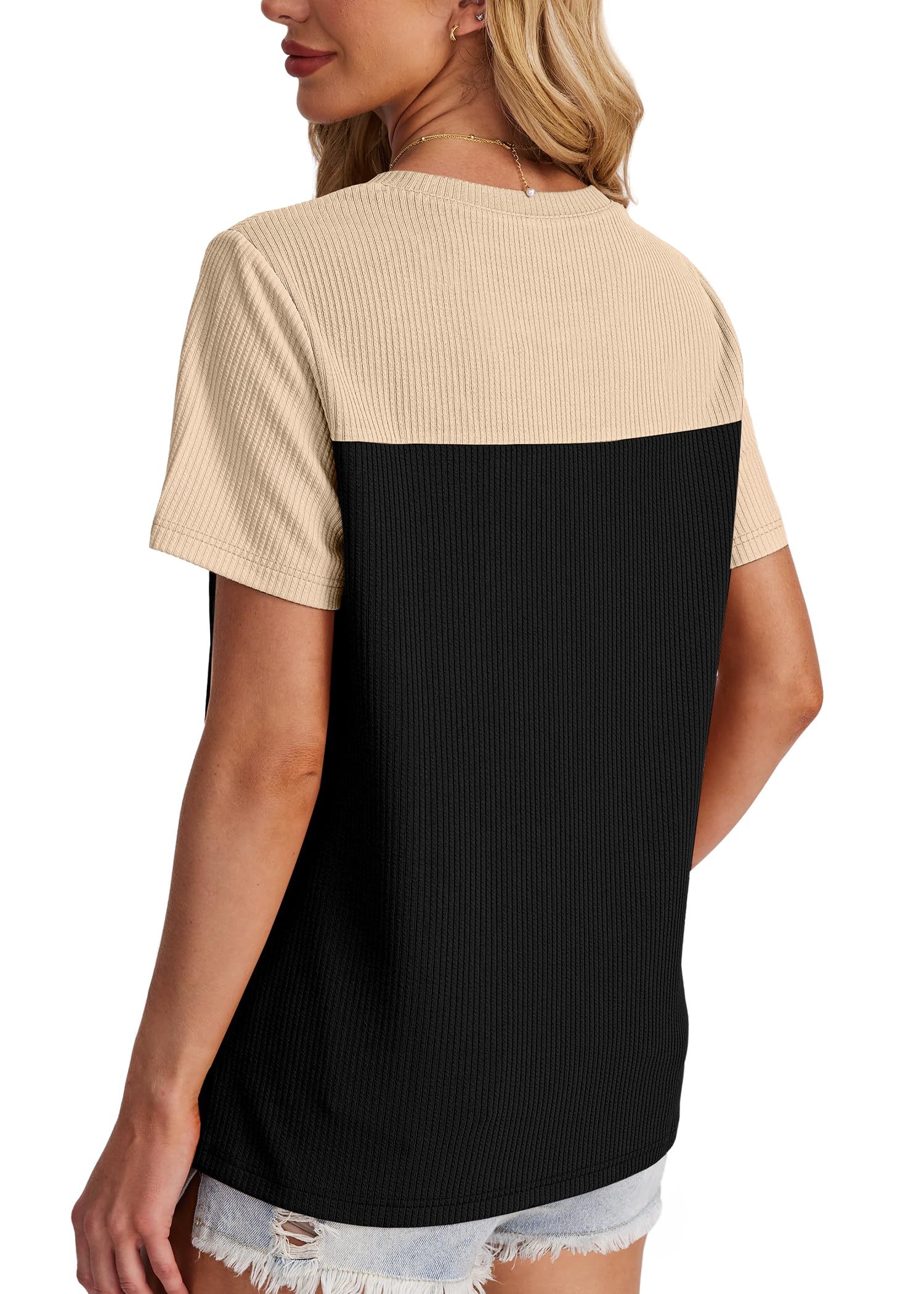 Women's Color Block Knit Shirt Short Sleeve Crewneck Top by Lady Ros
