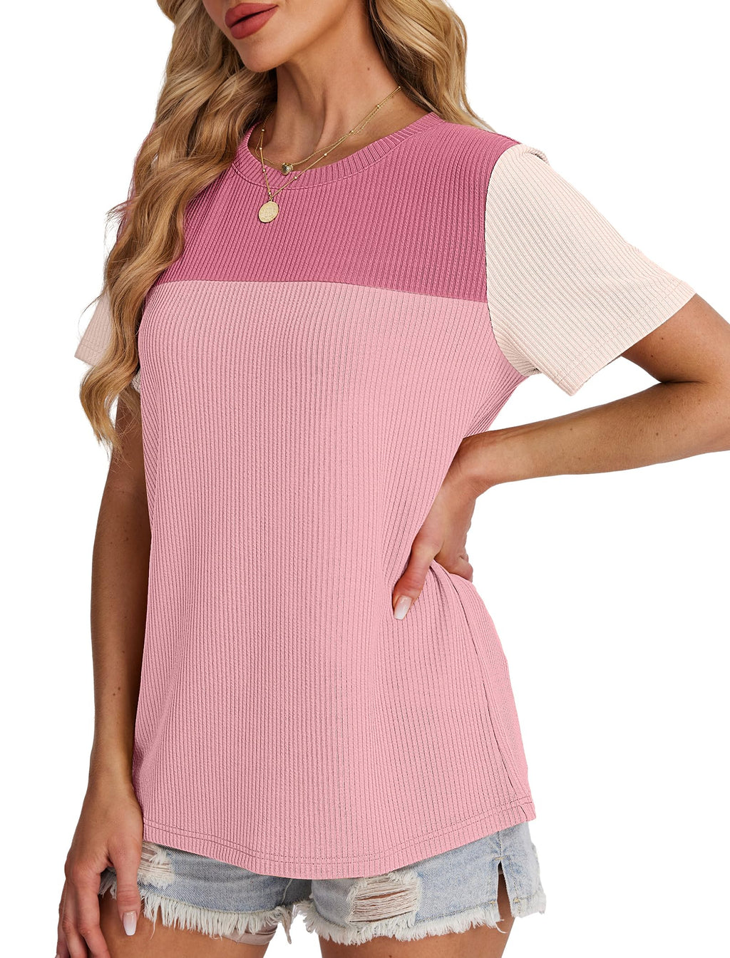 Women's Color Block Knit Shirt Short Sleeve Crewneck Top by Lady Ros