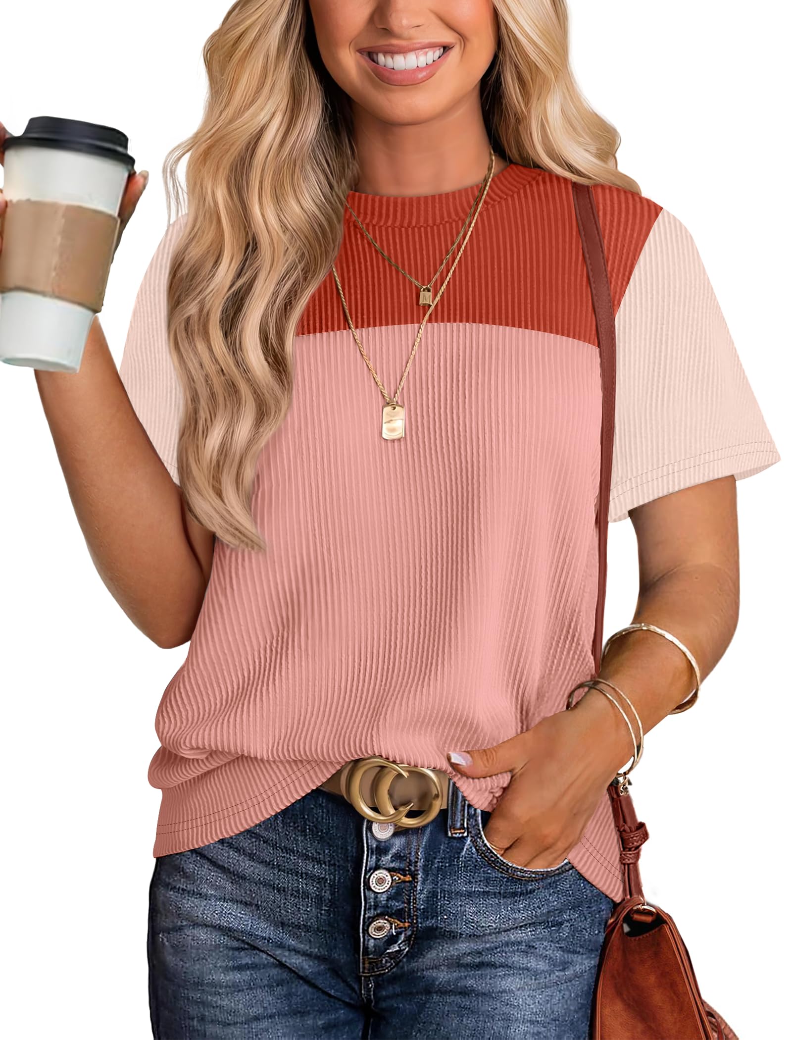 Women's Color Block Knit Shirt Short Sleeve Crewneck Top by Lady Ros