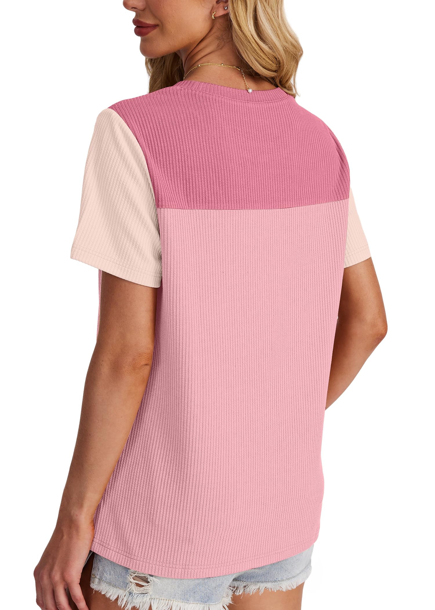 Women's Color Block Knit Shirt Short Sleeve Crewneck Top by Lady Ros