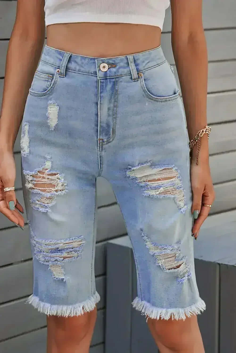 Women's Fashion Light Blue Distressed Jeans Bermuda Shorts by Femstylo