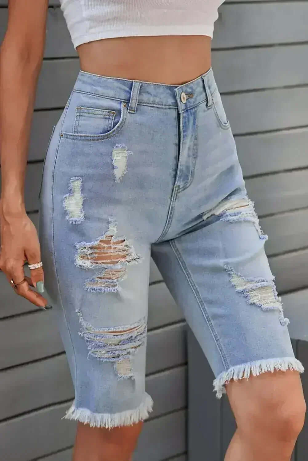 Women's Fashion Light Blue Distressed Jeans Bermuda Shorts by Femstylo