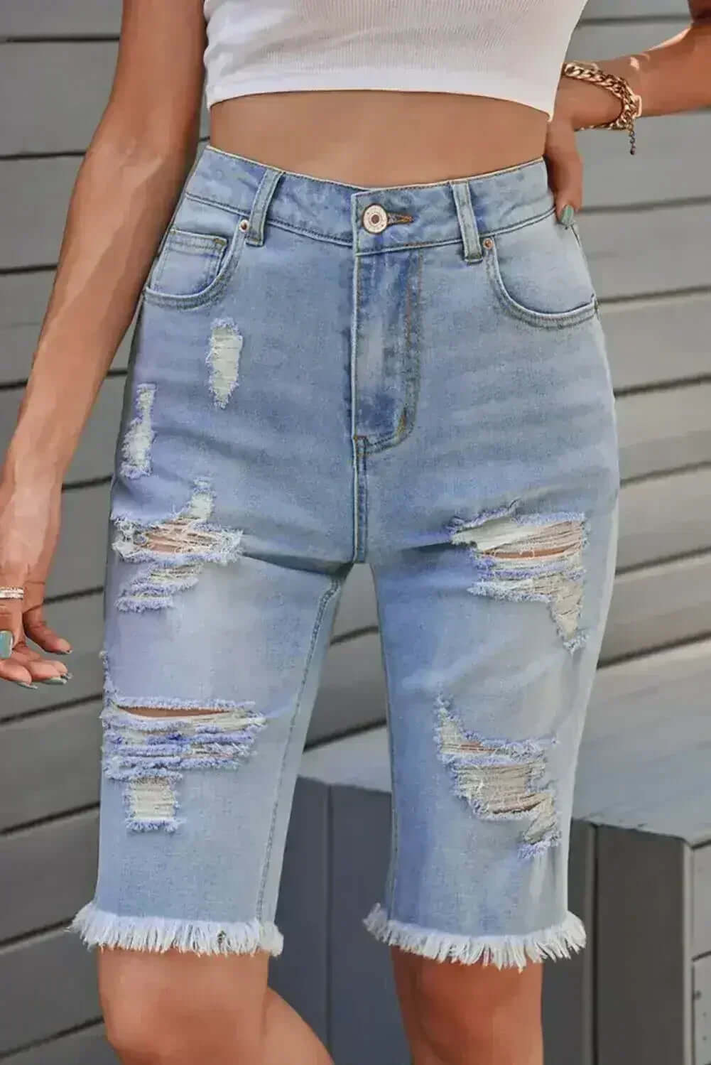Women's Fashion Light Blue Distressed Jeans Bermuda Shorts by Femstylo