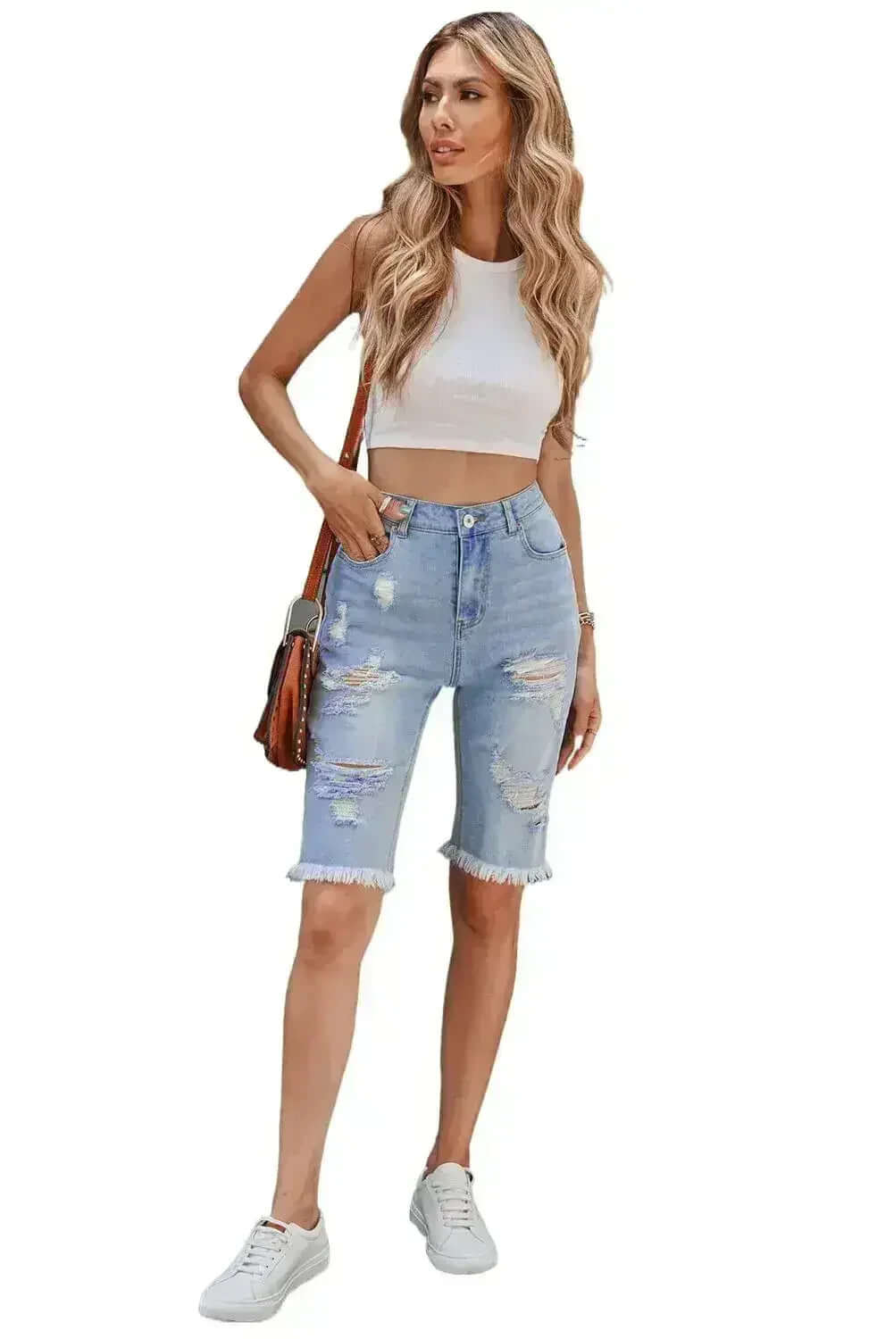 Women's Fashion Light Blue Distressed Jeans Bermuda Shorts by Femstylo