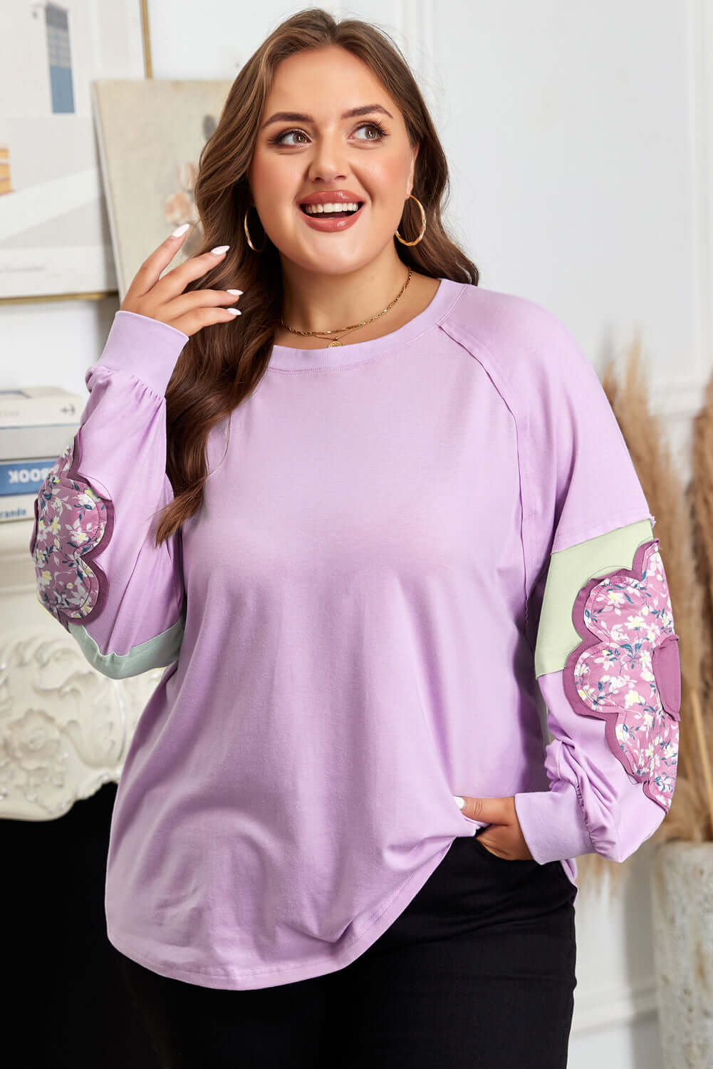 Plus Size Floral Patch Colorblock Long Sleeve Top by Pretty Bash