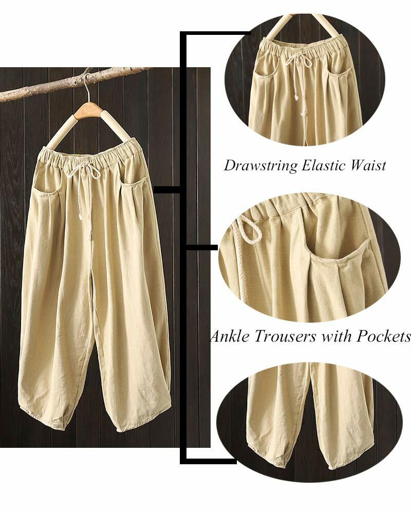 Minibee Womens Wide Leg Capri Pants Drawstring Waist Pockets Beige Size L by Deal US