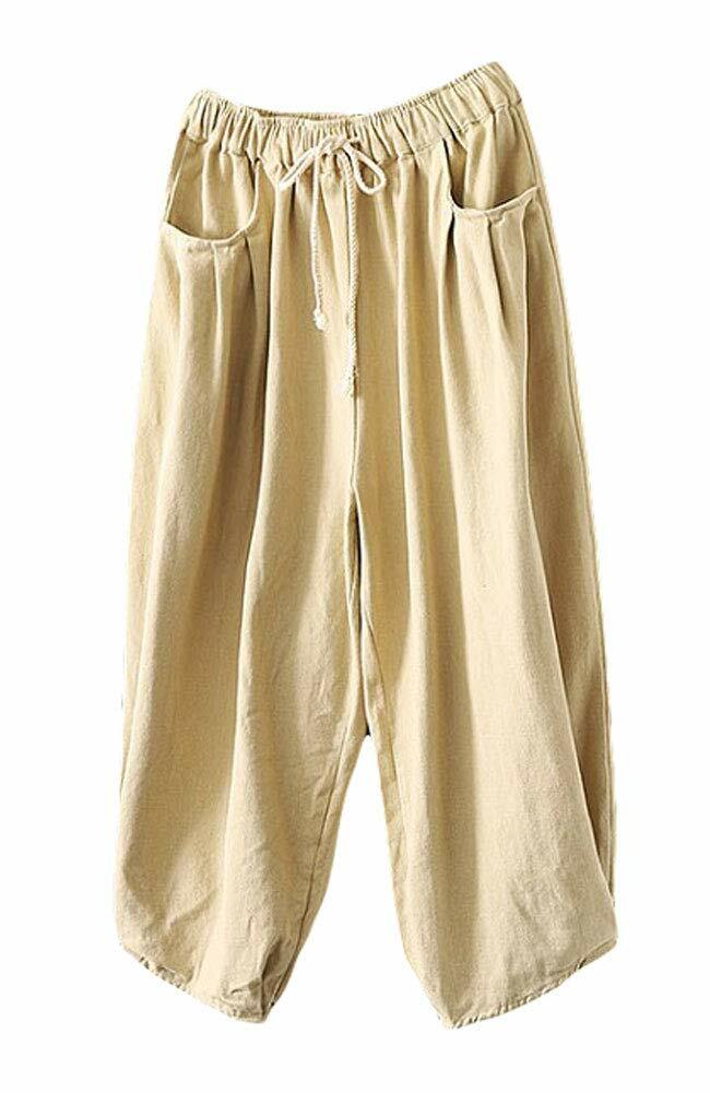 Minibee Womens Wide Leg Capri Pants Drawstring Waist Pockets Beige Size L by Deal US