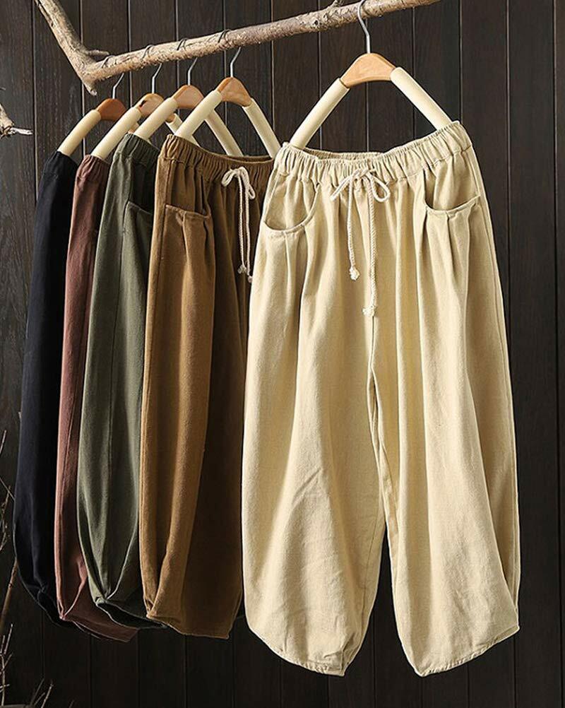 Minibee Womens Wide Leg Capri Pants Drawstring Waist Pockets Beige Size L by Deal US