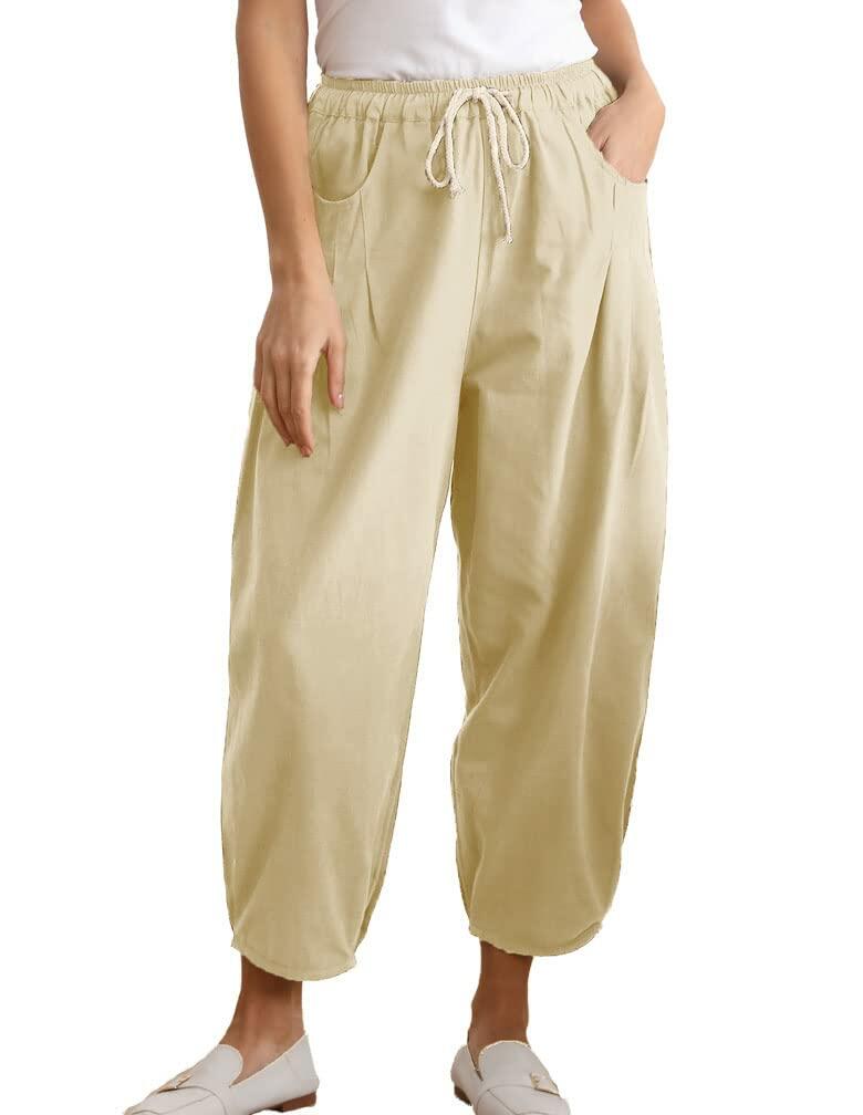 Minibee Womens Wide Leg Capri Pants Drawstring Waist Pockets Beige Size L by Deal US