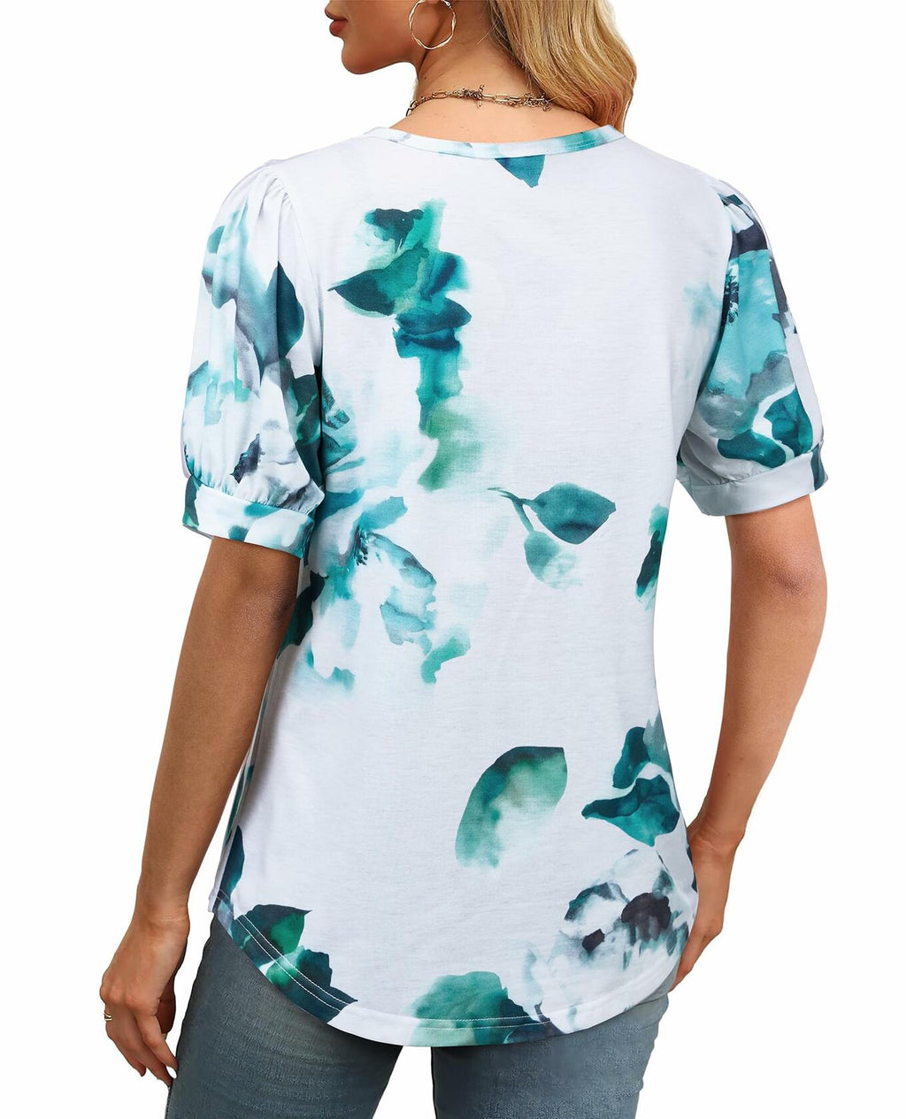 Uhiger Womens Summer Pleated Puff Sleeve Top Crewneck Blue Flower Size 2XL by Deal US