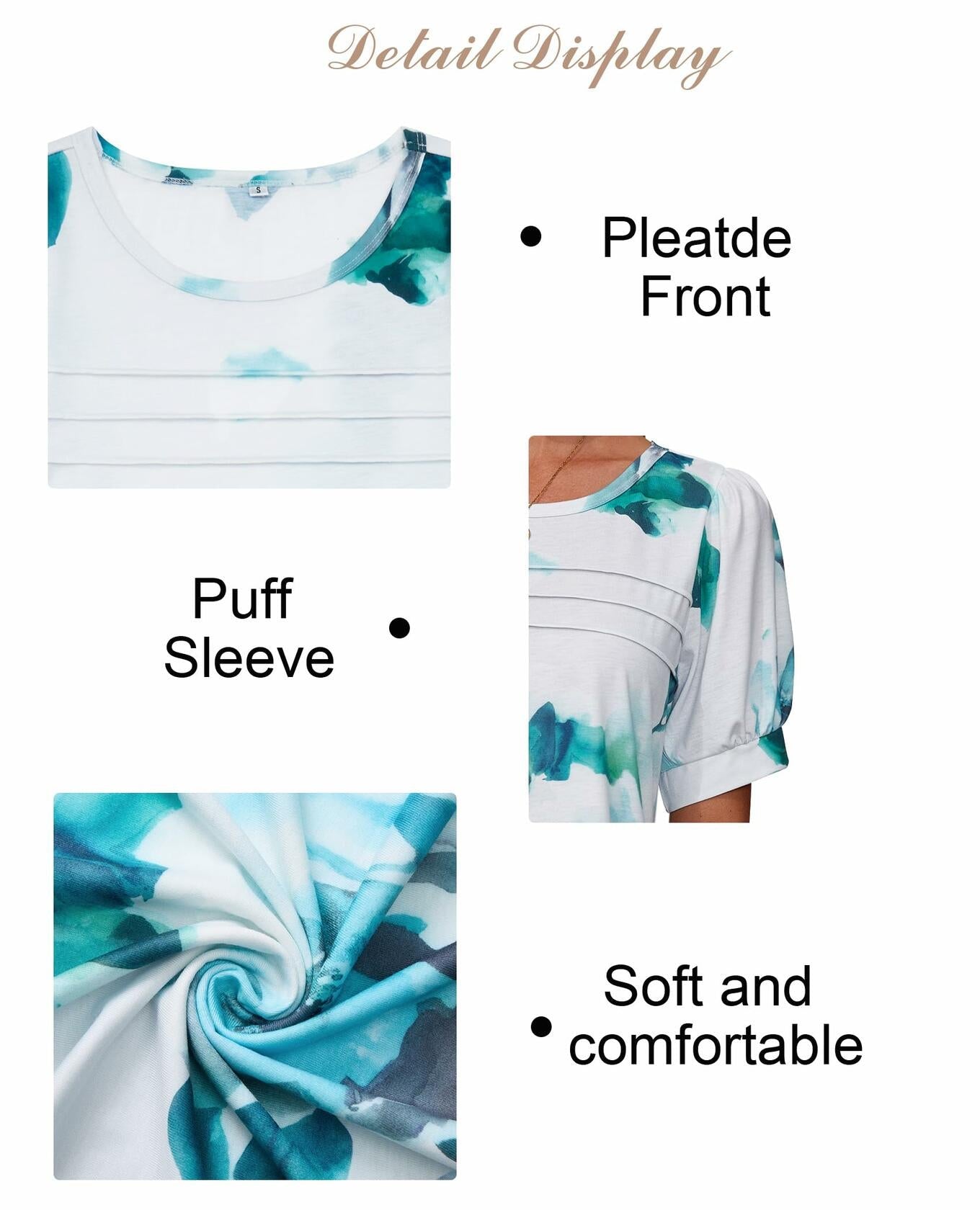 Uhiger Womens Summer Pleated Puff Sleeve Top Crewneck Blue Flower Size 2XL by Deal US