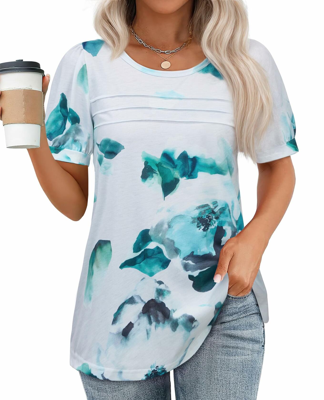 Uhiger Womens Summer Pleated Puff Sleeve Top Crewneck Blue Flower Size 2XL by Deal US